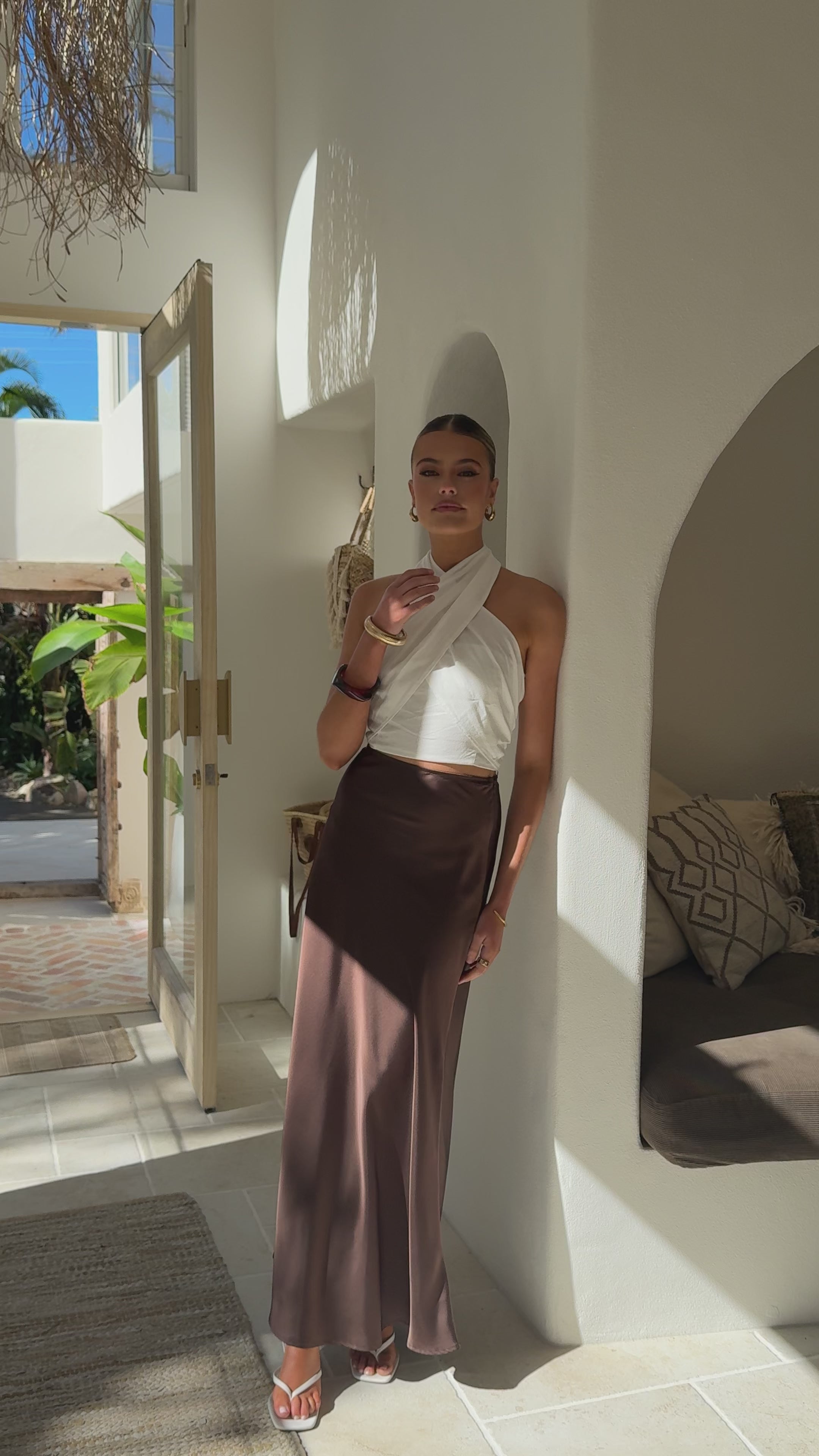 Load video: Darina Bias Cut Maxi Skirt - Chocolate - Billy J