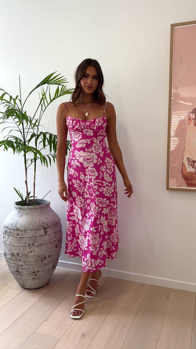 Load and play video in Gallery viewer, Margie Midi Dress - Fuchsia/White Floral - Billy J
