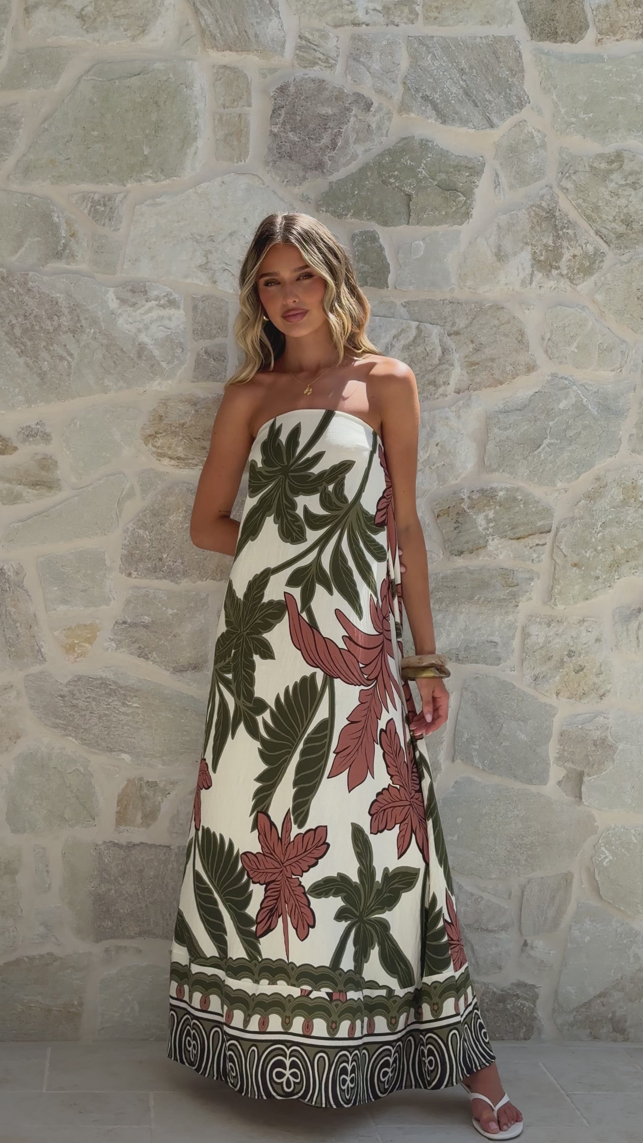 Load video: Connie Maxi Dress - Green/Beige Palm - Billy J