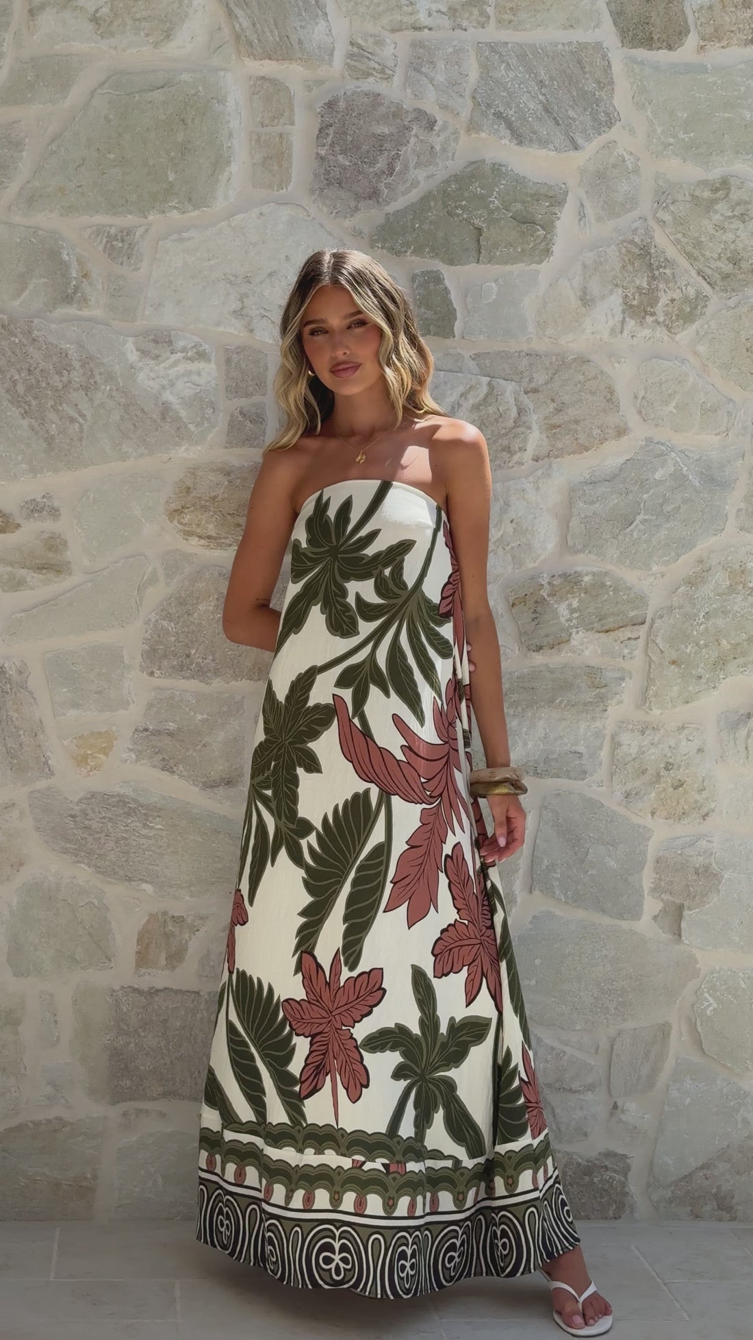 Connie Maxi Dress - Green/Beige Palm - Billy J