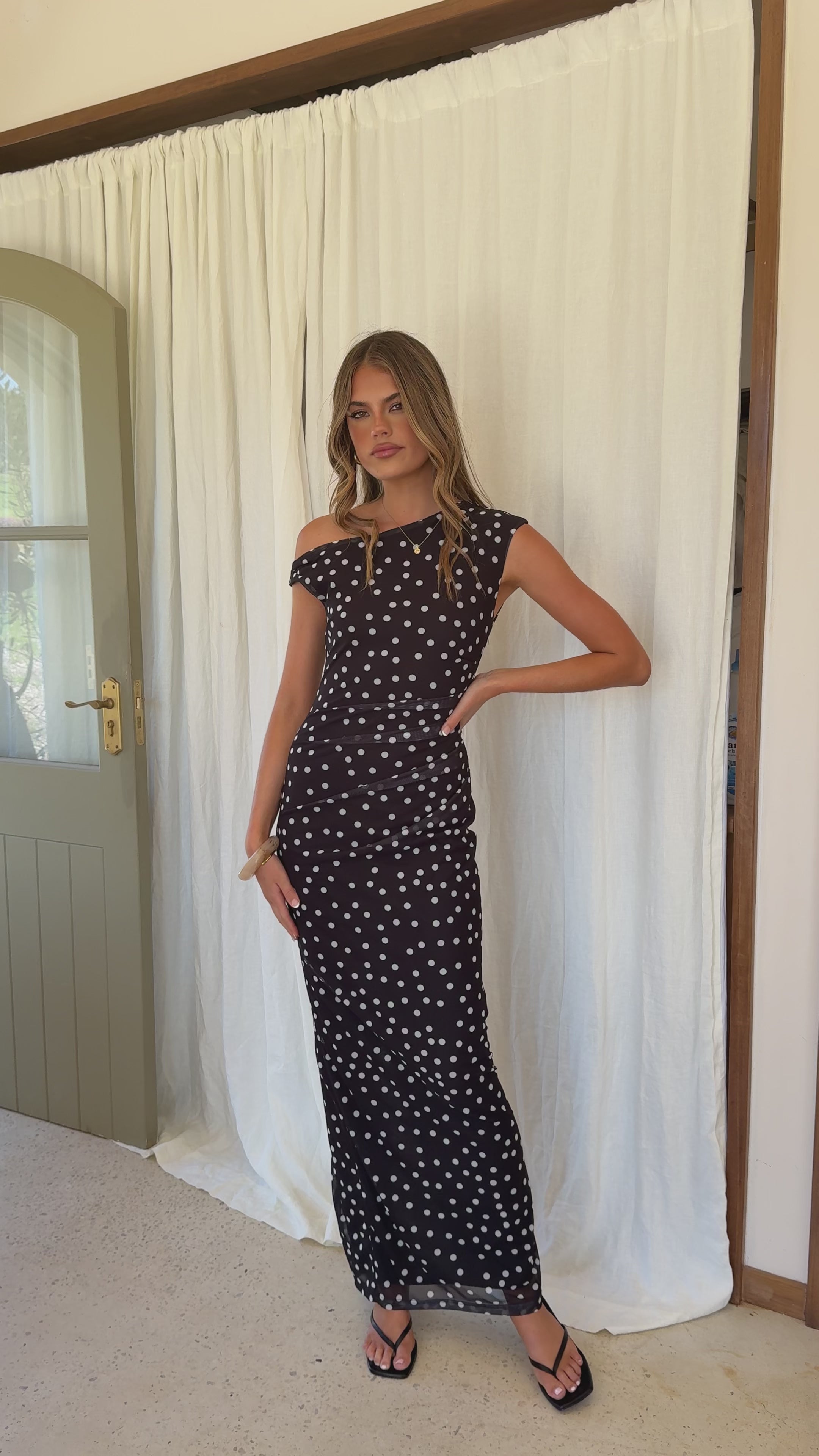 Load video: Lilani Maxi Dress - Black/White Polka Dot - Billy J