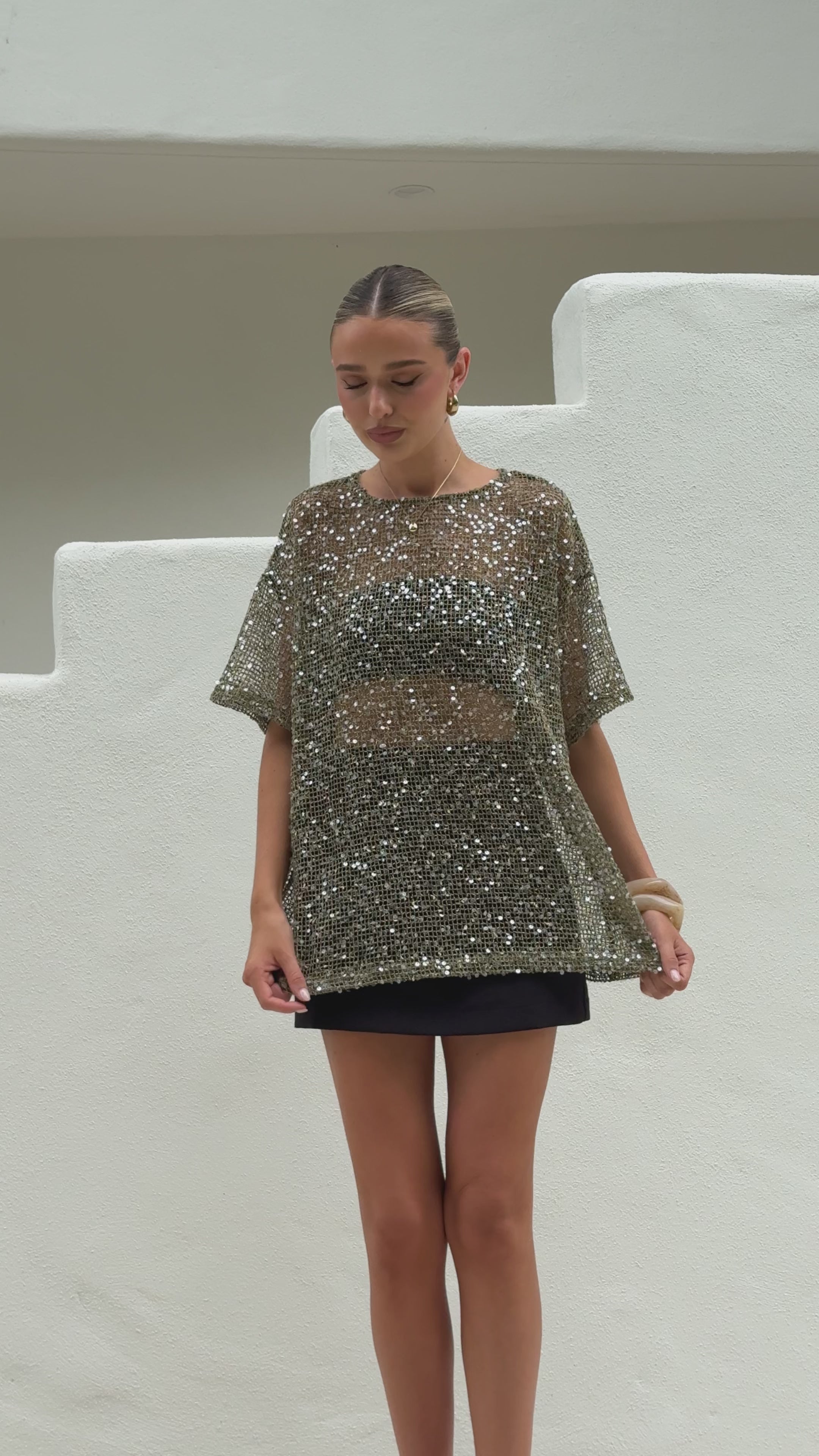 Load video: Zinnia Oversized Sequins Tee - Kahki - Billy J