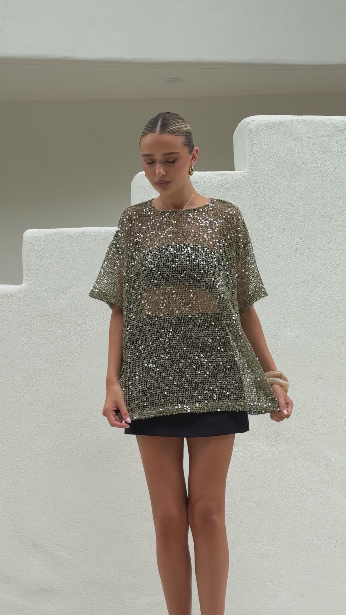 Zinnia Oversized Sequins Tee - Kahki - Billy J
