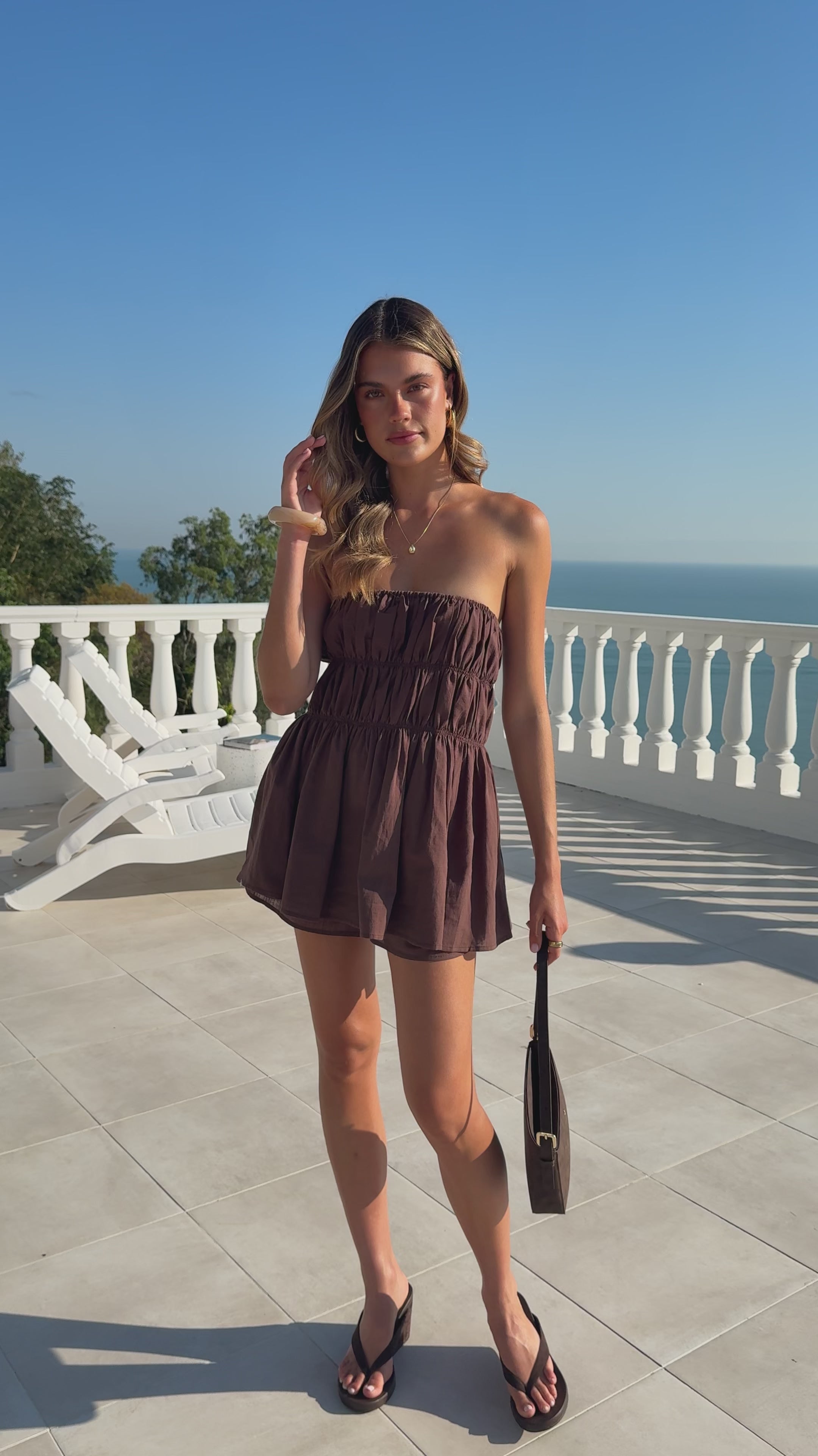 Load video: Kamala Strapless Cinch Top and Shorts Set - Chocolate - Billy J