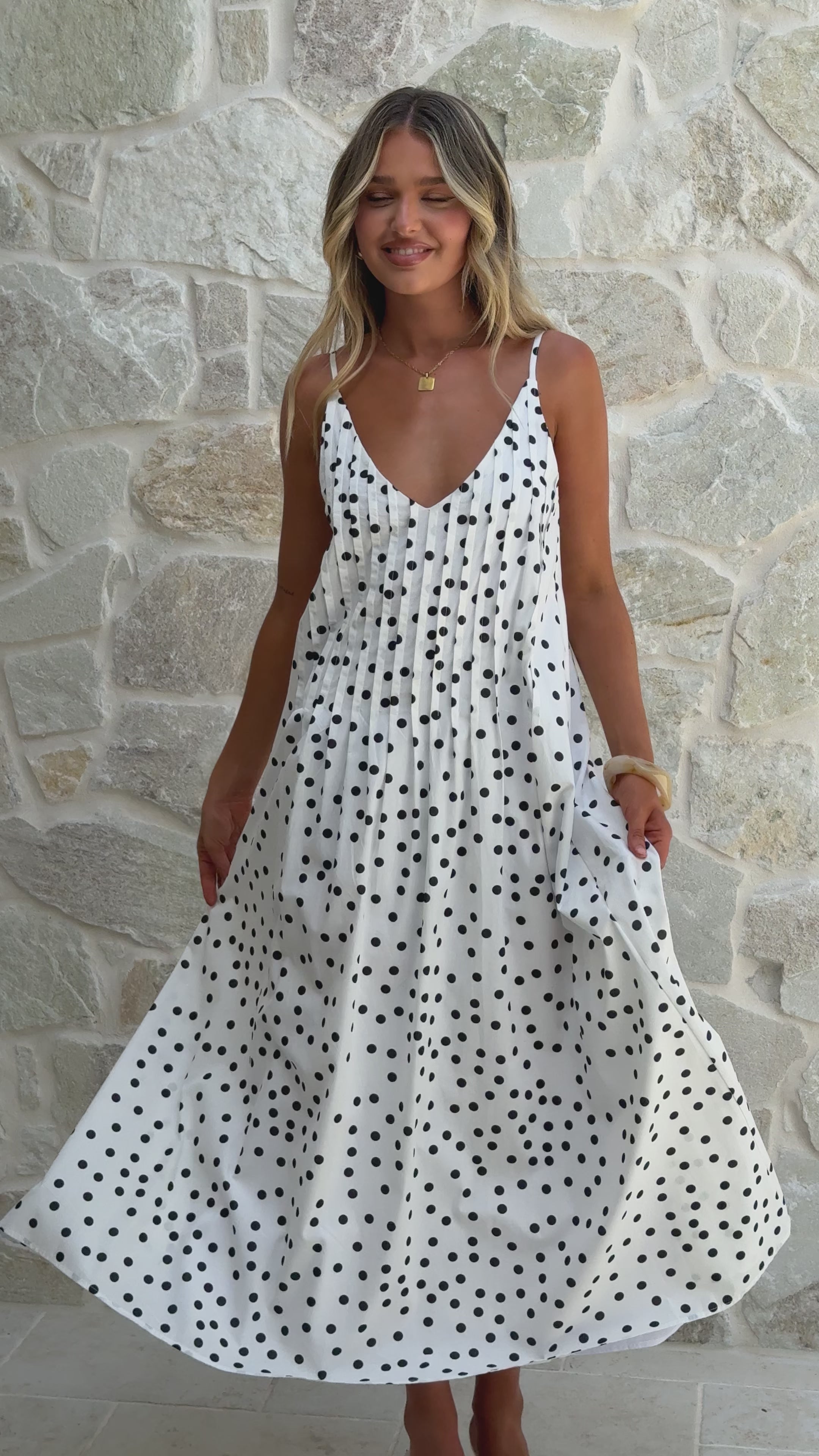 Load video: Dimmi Maxi Dress - White/Black Polka - Billy J