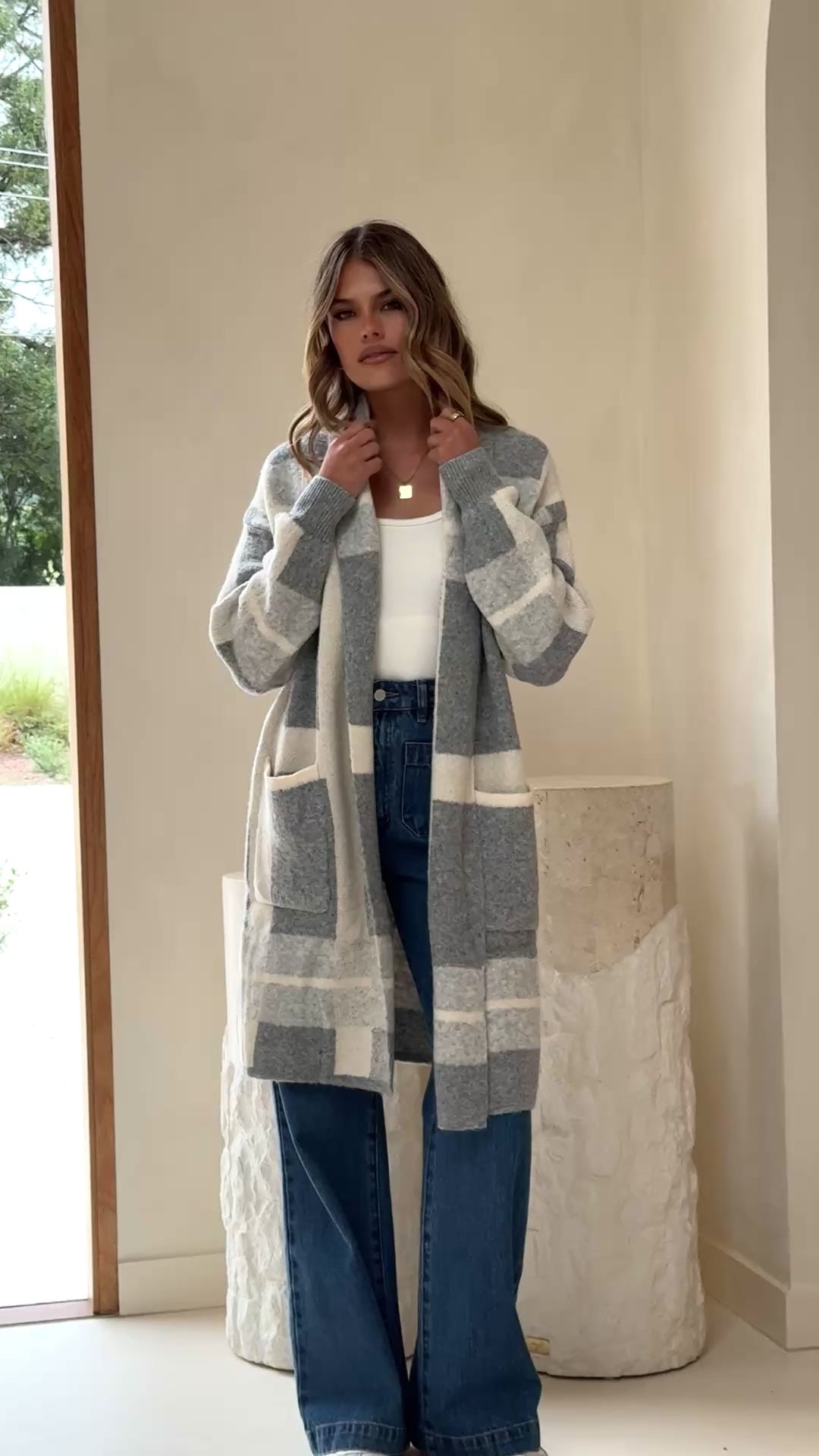 Vaza Longline Knit Cardigan - Grey/White - Billy J