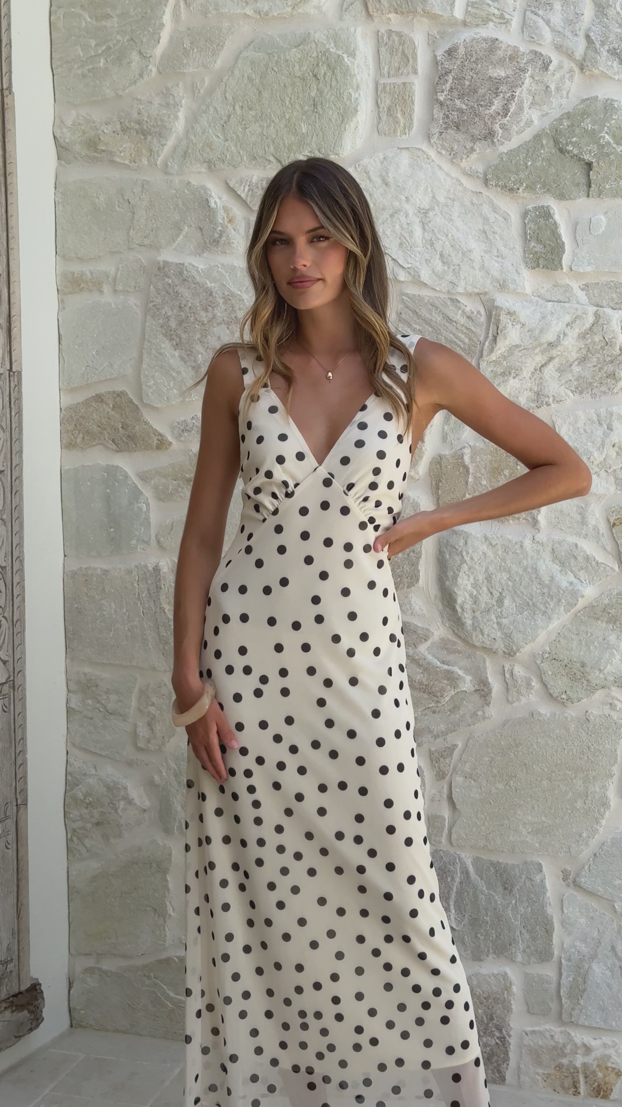 Load video: Cassara Maxi Dress - White / Black Polka Dot - Billy J