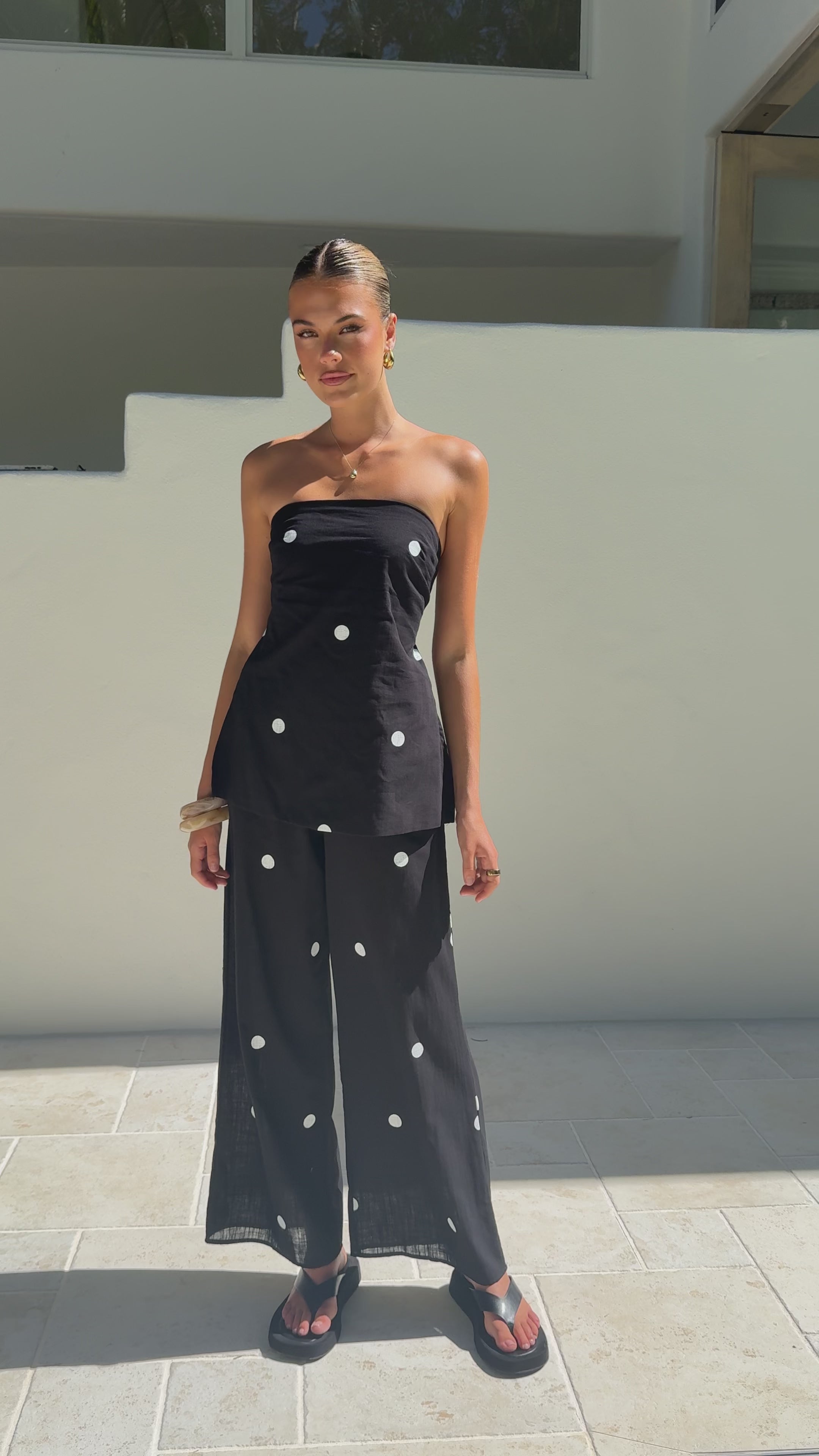 Load video: Kailani Strapless Top and Pants Set - Black/White Polka - Billy J