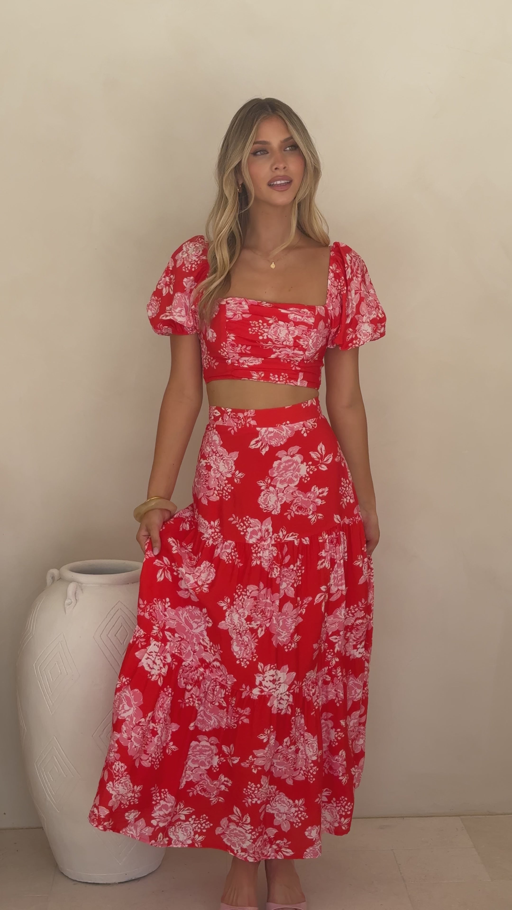 Load video: Calla Top and Maxi Skirt Set - Red Floral - Billy J