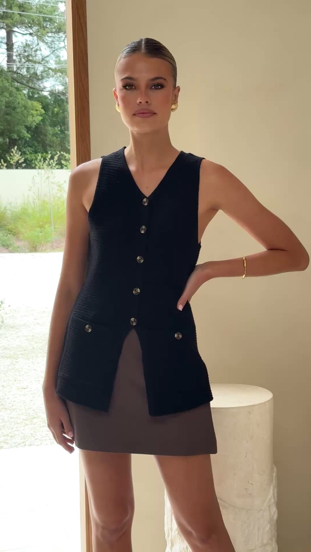 Inari Knit Button Up Vest - Black - Billy J