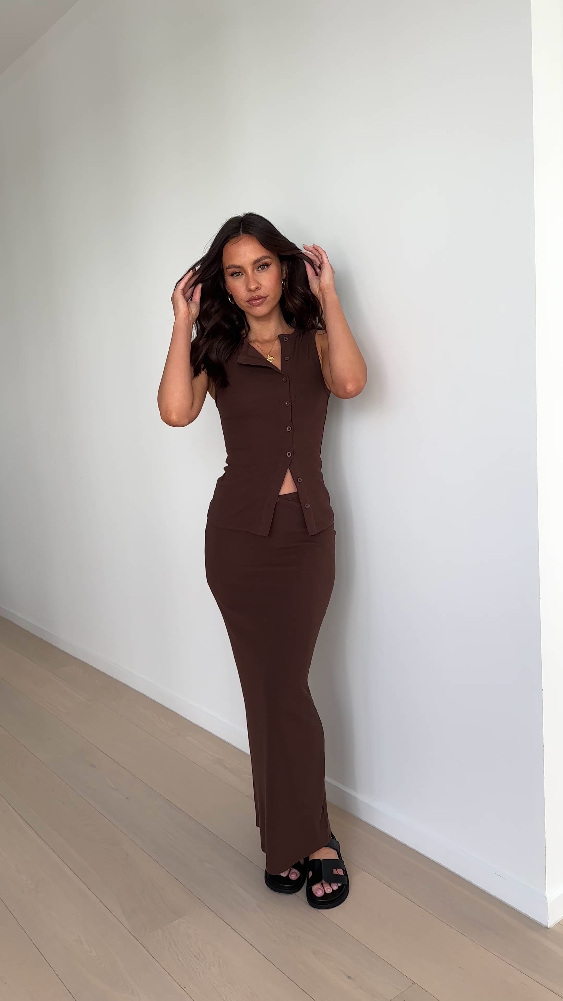 Rahela Button Top and Maxi Skirt Set - Chocolate - Billy J