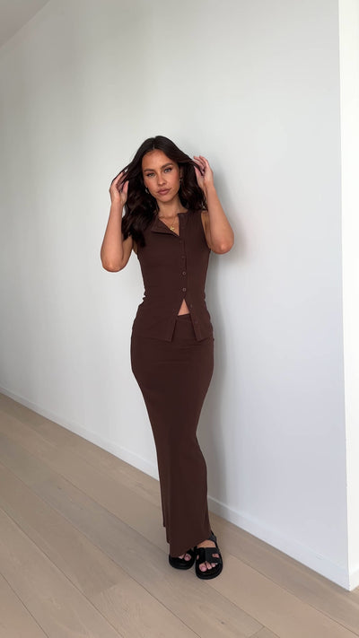 Load and play video in Gallery viewer, Rahela Button Top and Maxi Skirt Set - Chocolate - Billy J
