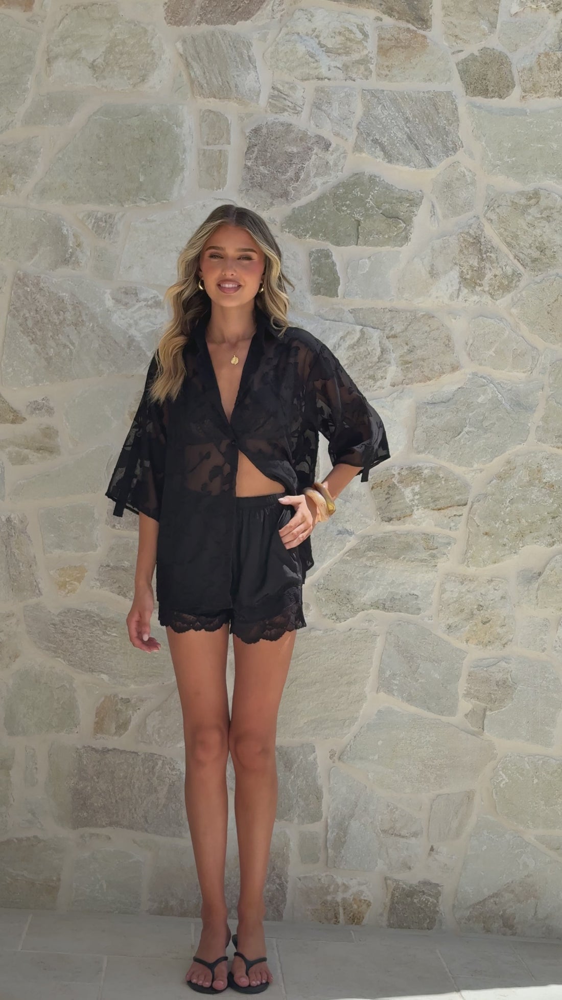 Zeta Button Up Long Sleeve Shirt and Shorts Set - Black Lace - Billy J