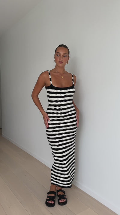 Load and play video in Gallery viewer, Kahnay Maxi Dress - Black / White Stripe - Billy J
