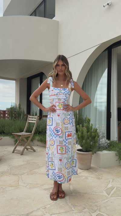 Load and play video in Gallery viewer, Luna Tie Shoulder Maxi Dress - Picnic Print - Billy J
