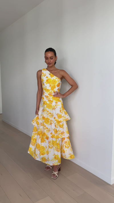 Load and play video in Gallery viewer, Odilie One Shoulder Maxi Dress - Yellow Floral - Billy J
