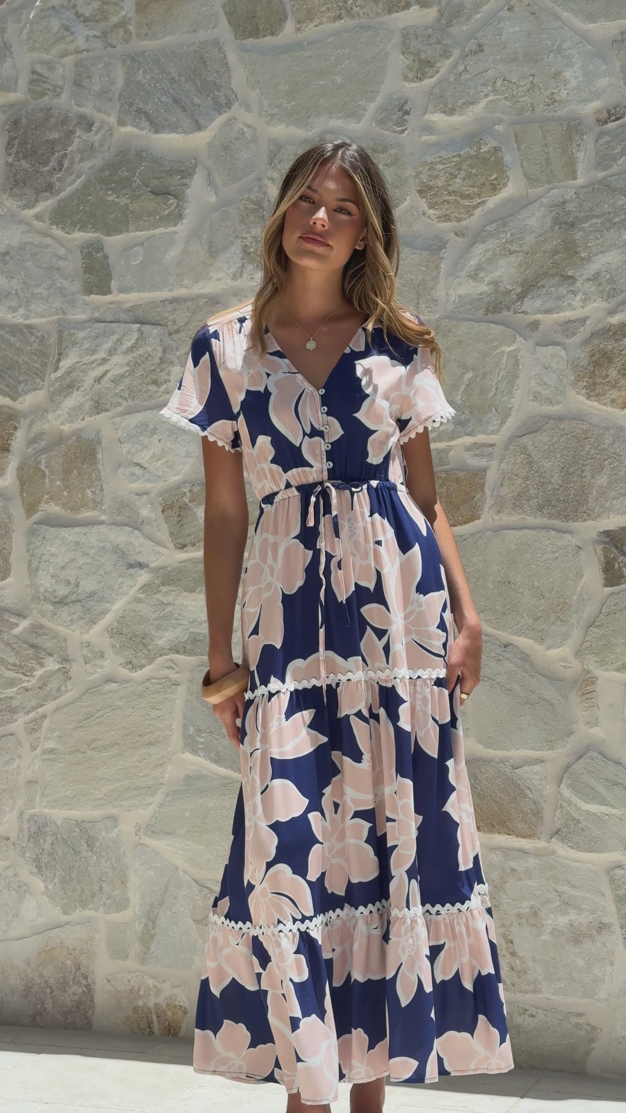 Load video: Catania Maxi Dress - Navy/Pink Floral - Billy J