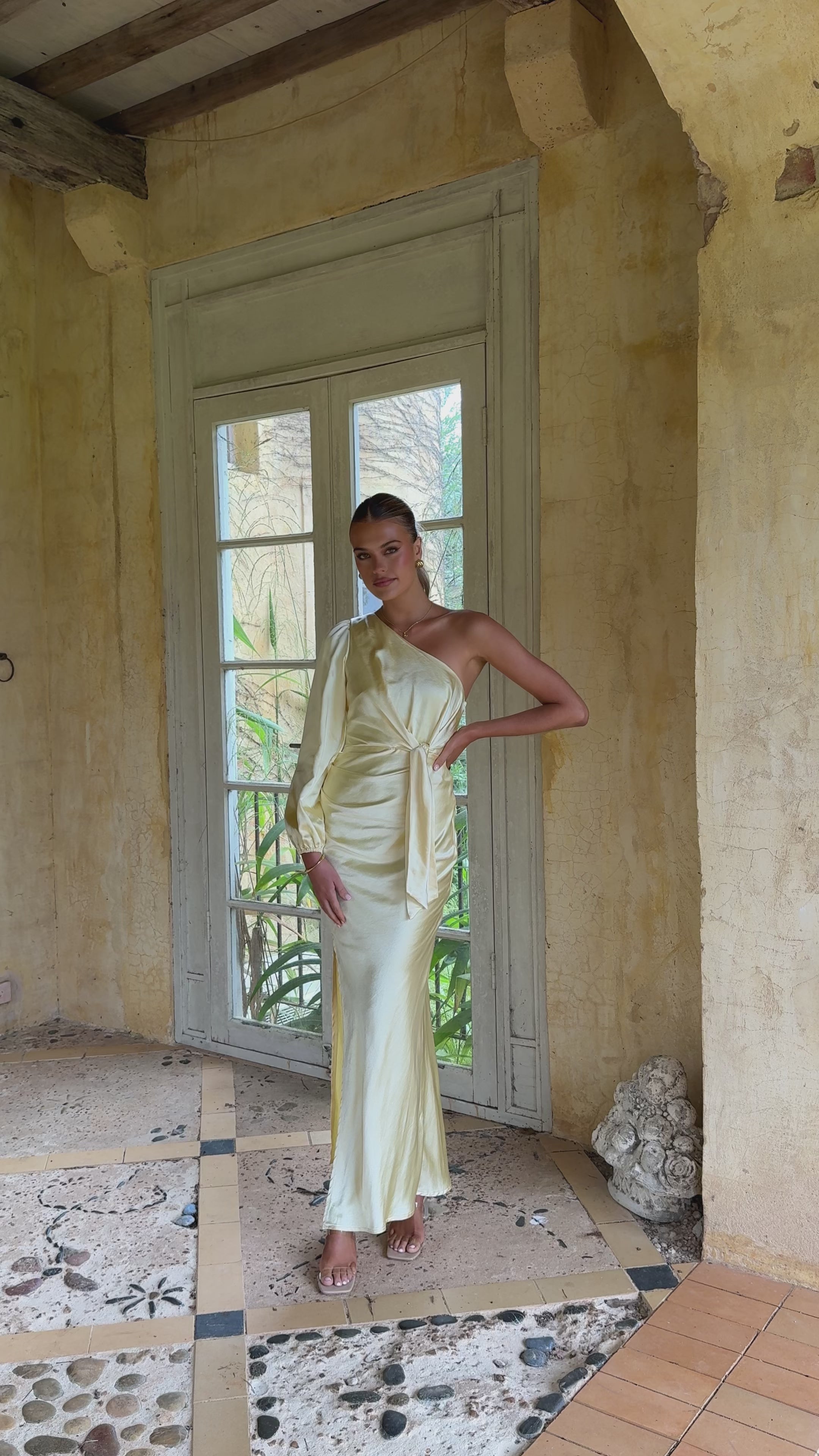 Load video: Eden One Shoulder Tie Front Maxi Dress - Yellow - Billy J