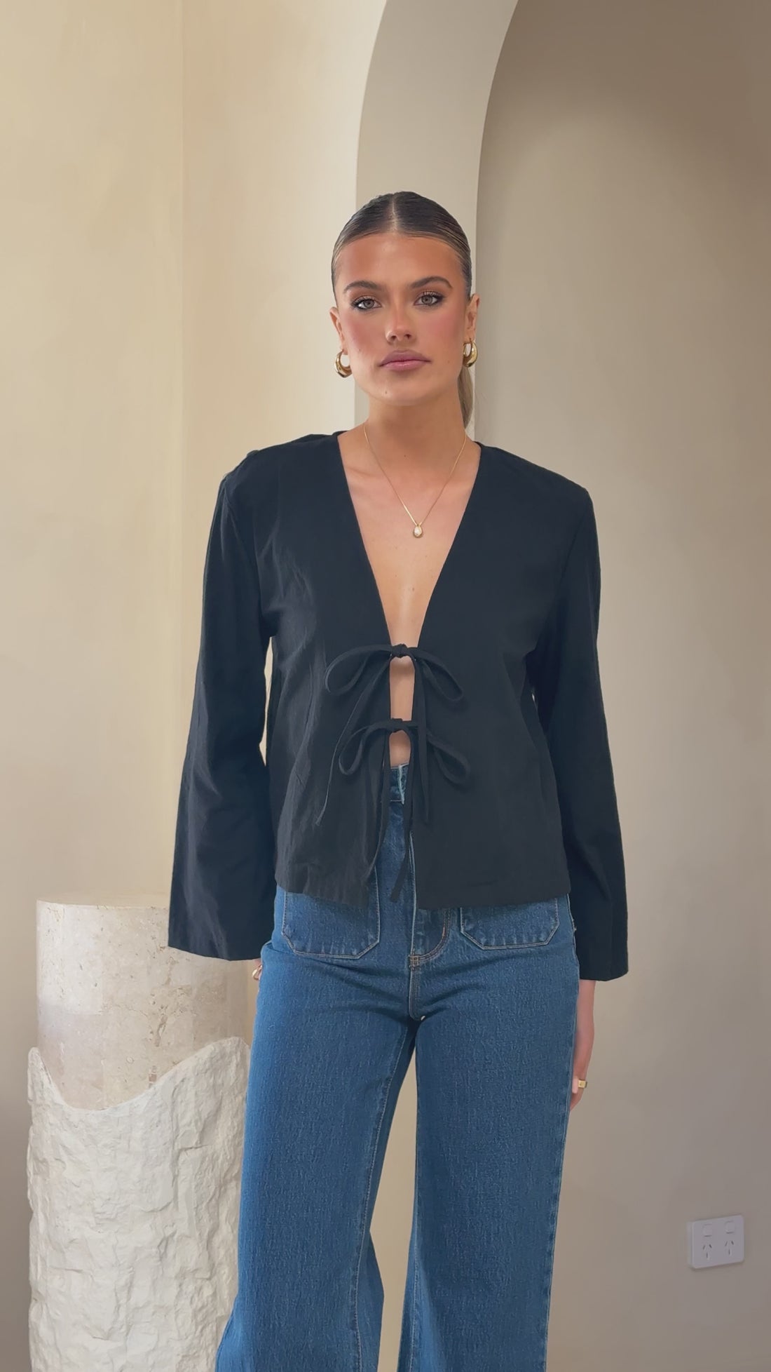 Kiera Tie Front Top - Black - Billy J