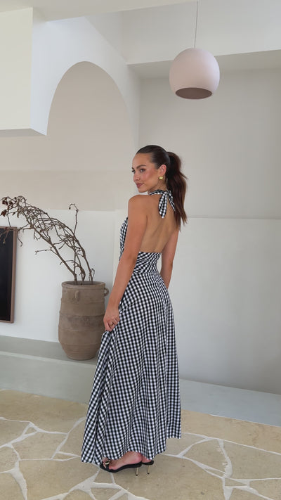 Load and play video in Gallery viewer, Brydie Halter Maxi Dress - Gingham Black - Billy J
