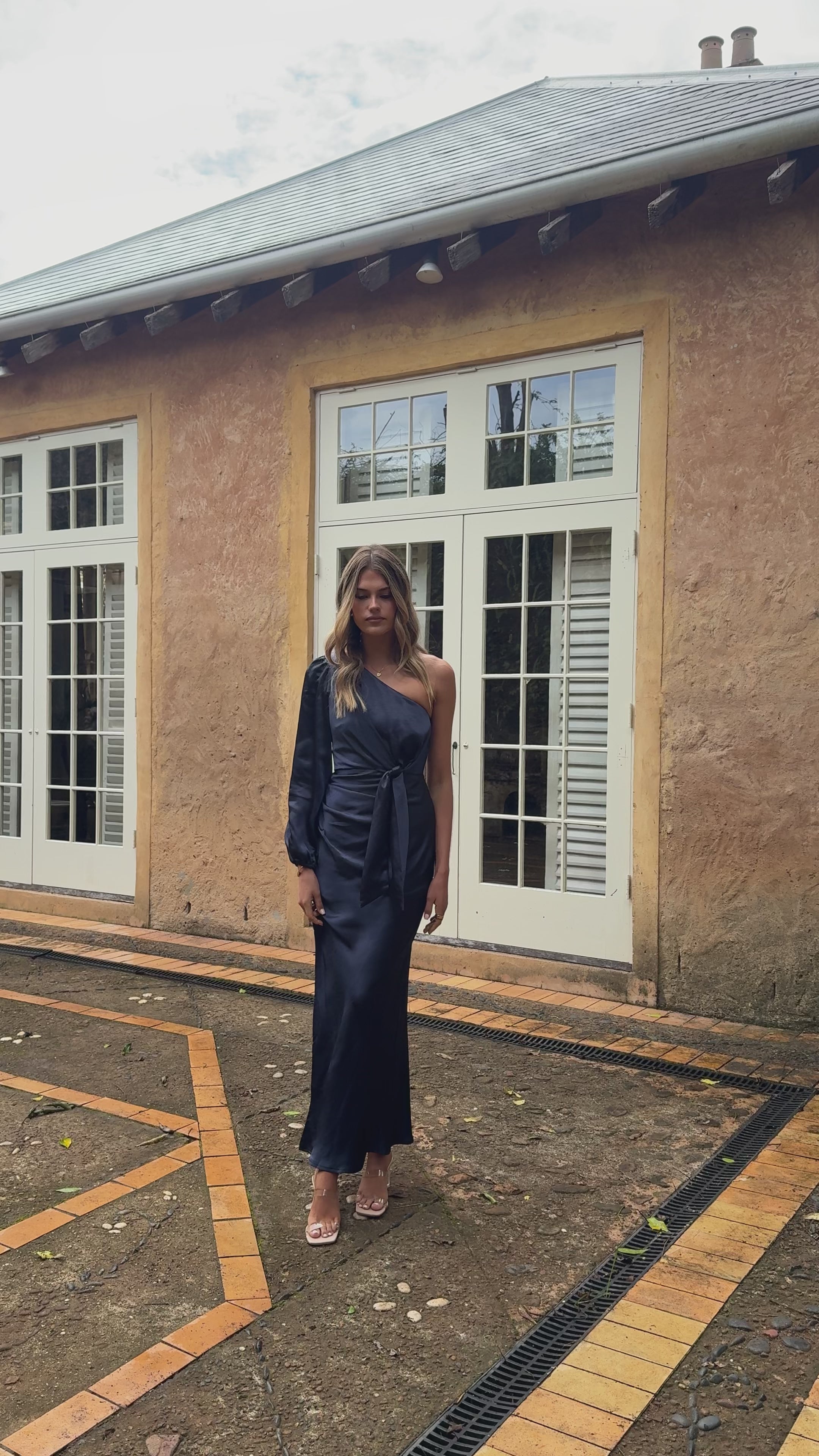 Load video: Eden One Shoulder Tie Front Maxi Dress - Navy - Billy J