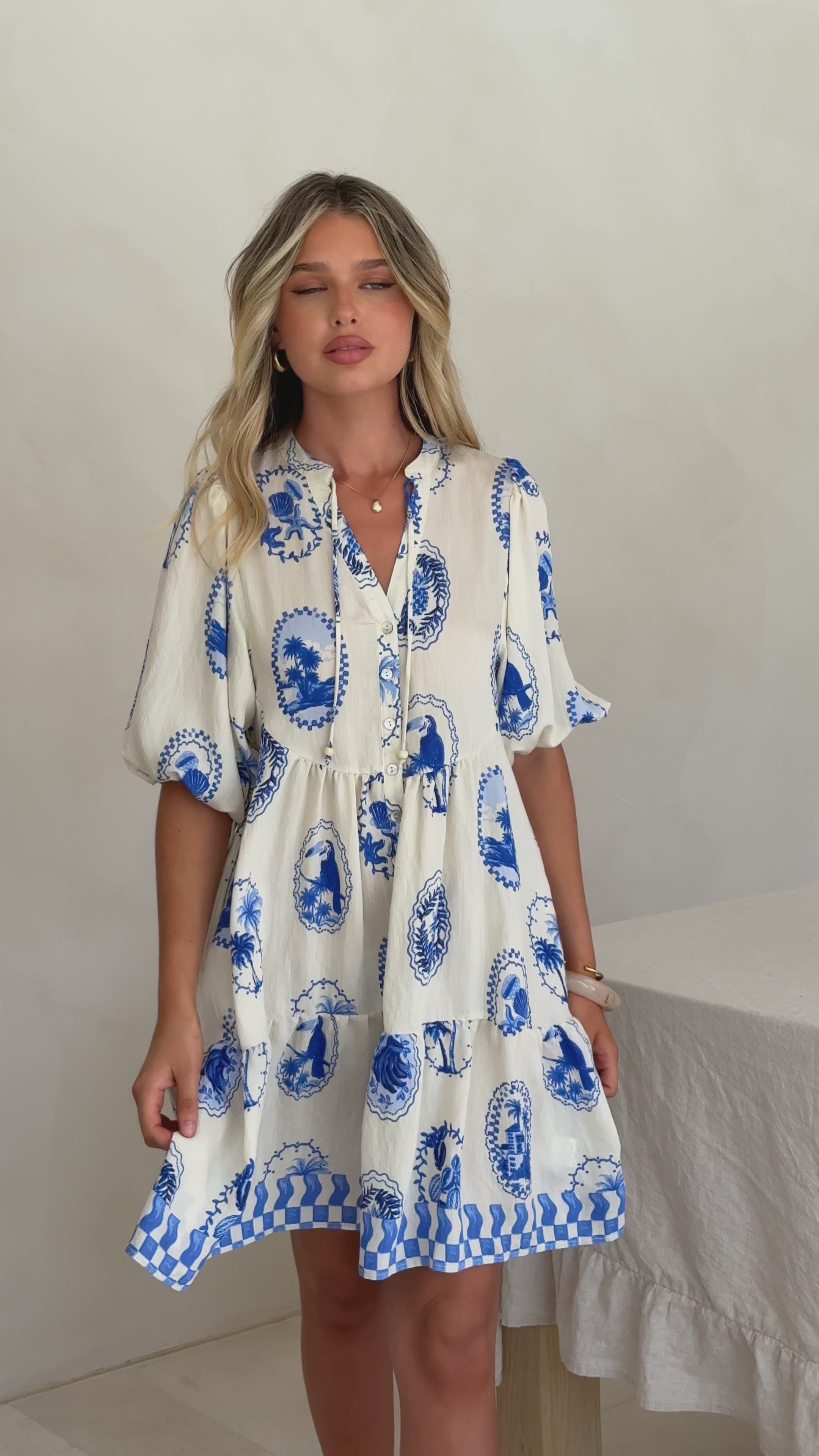 Load video: Tabitha Mini Dress - Blue Stamp - Billy J