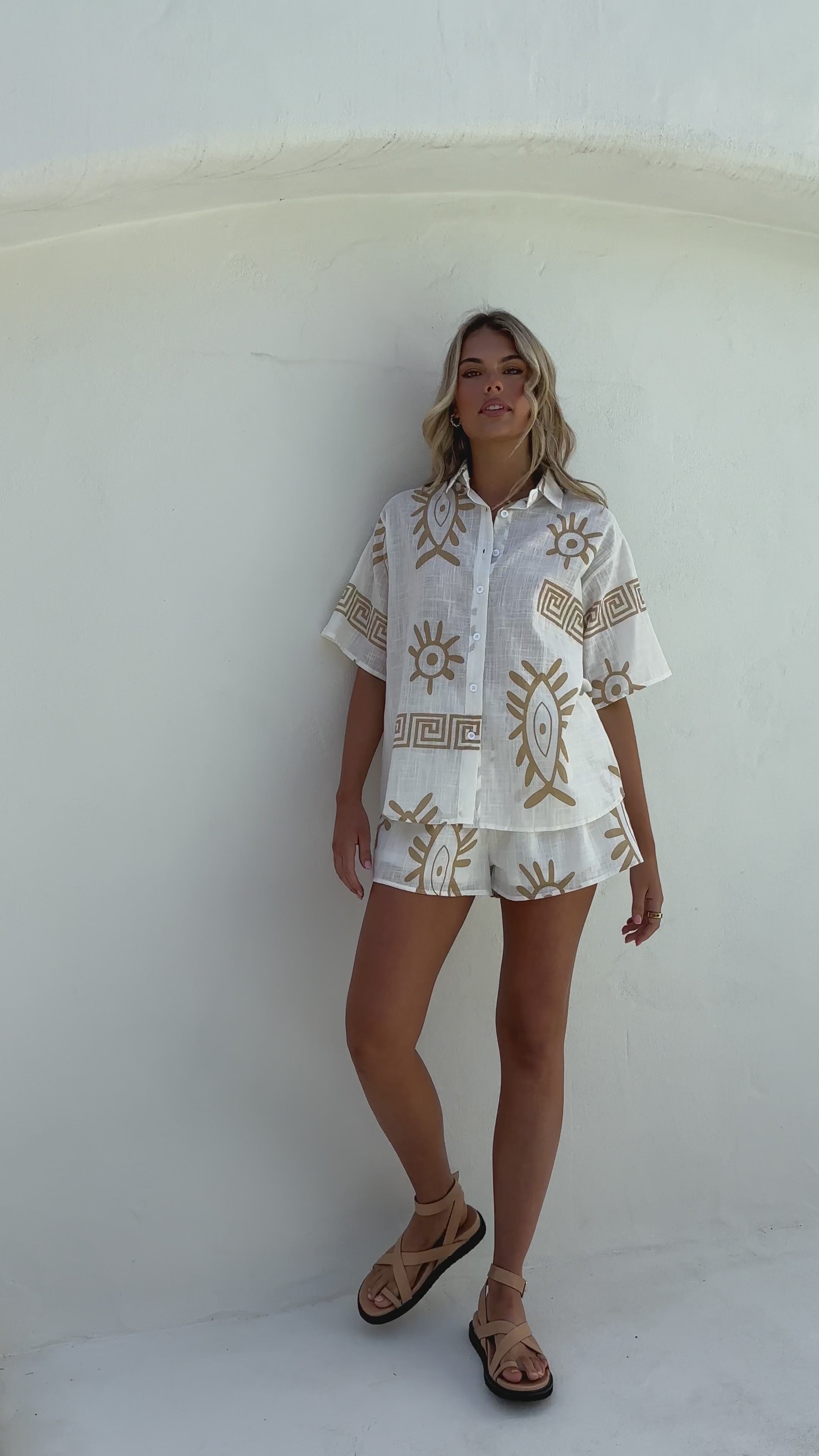 Charli Button Up Shirt and Shorts Set - White/Beige Aztec - Billy J