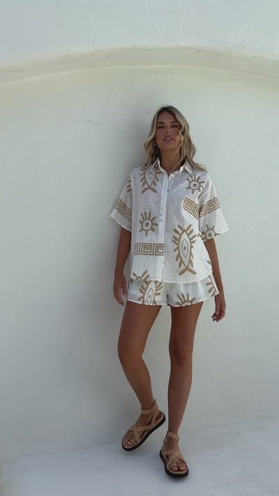 Load and play video in Gallery viewer, Charli Button Up Shirt and Shorts Set - White/Beige Aztec - Billy J
