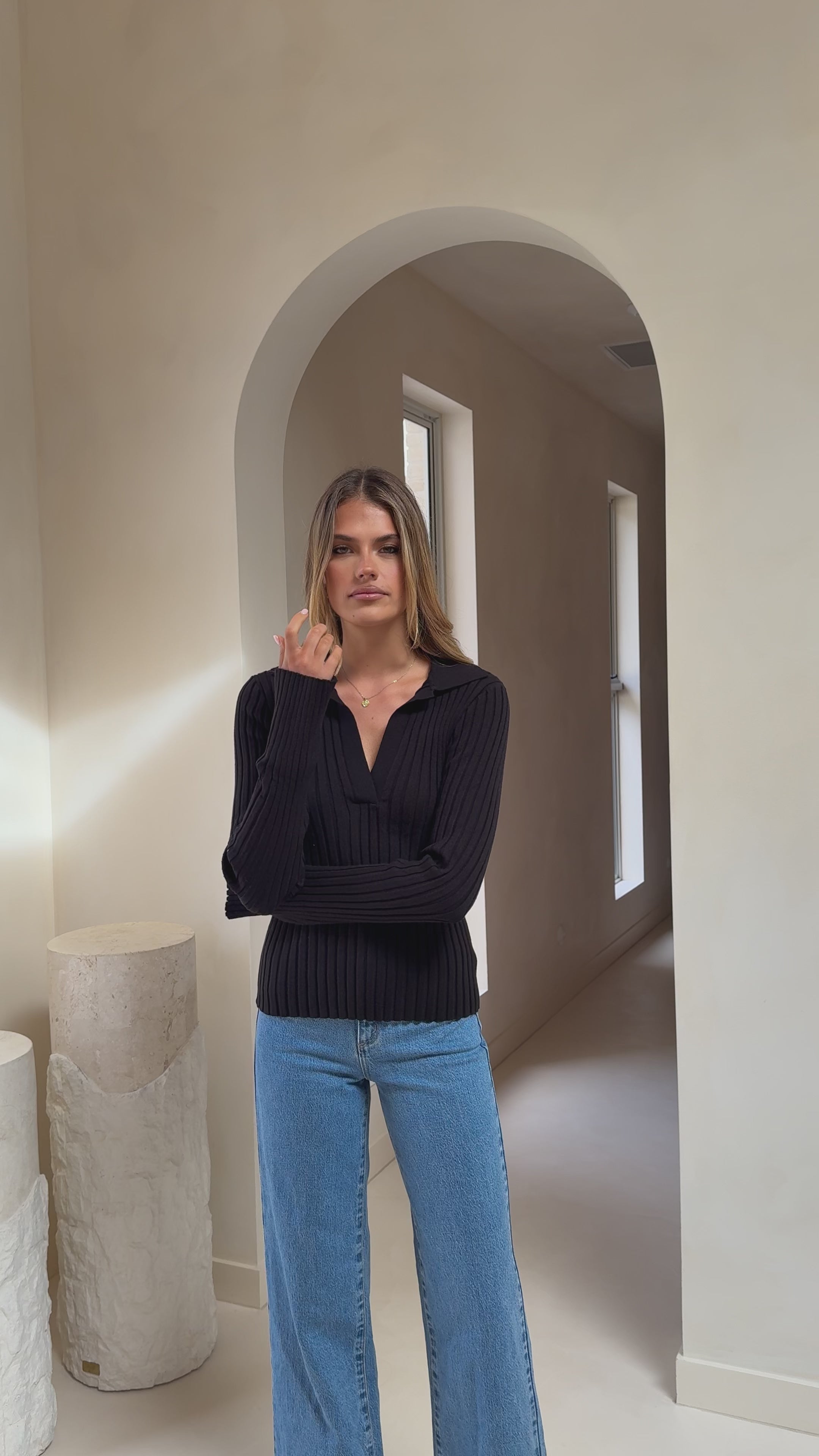Load video: Corbin Collared Knit Top - Black - Billy J