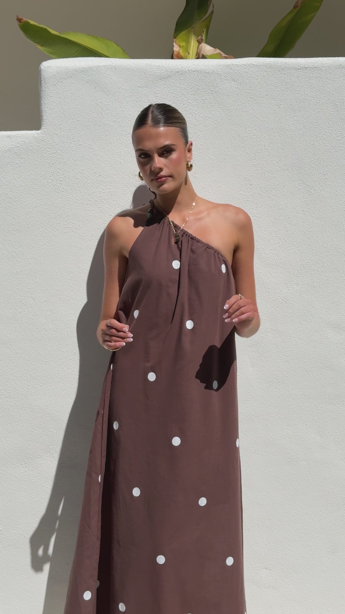 Nasira One Shoulder Maxi Dress - Chocolate / White Polka Dot - Billy J