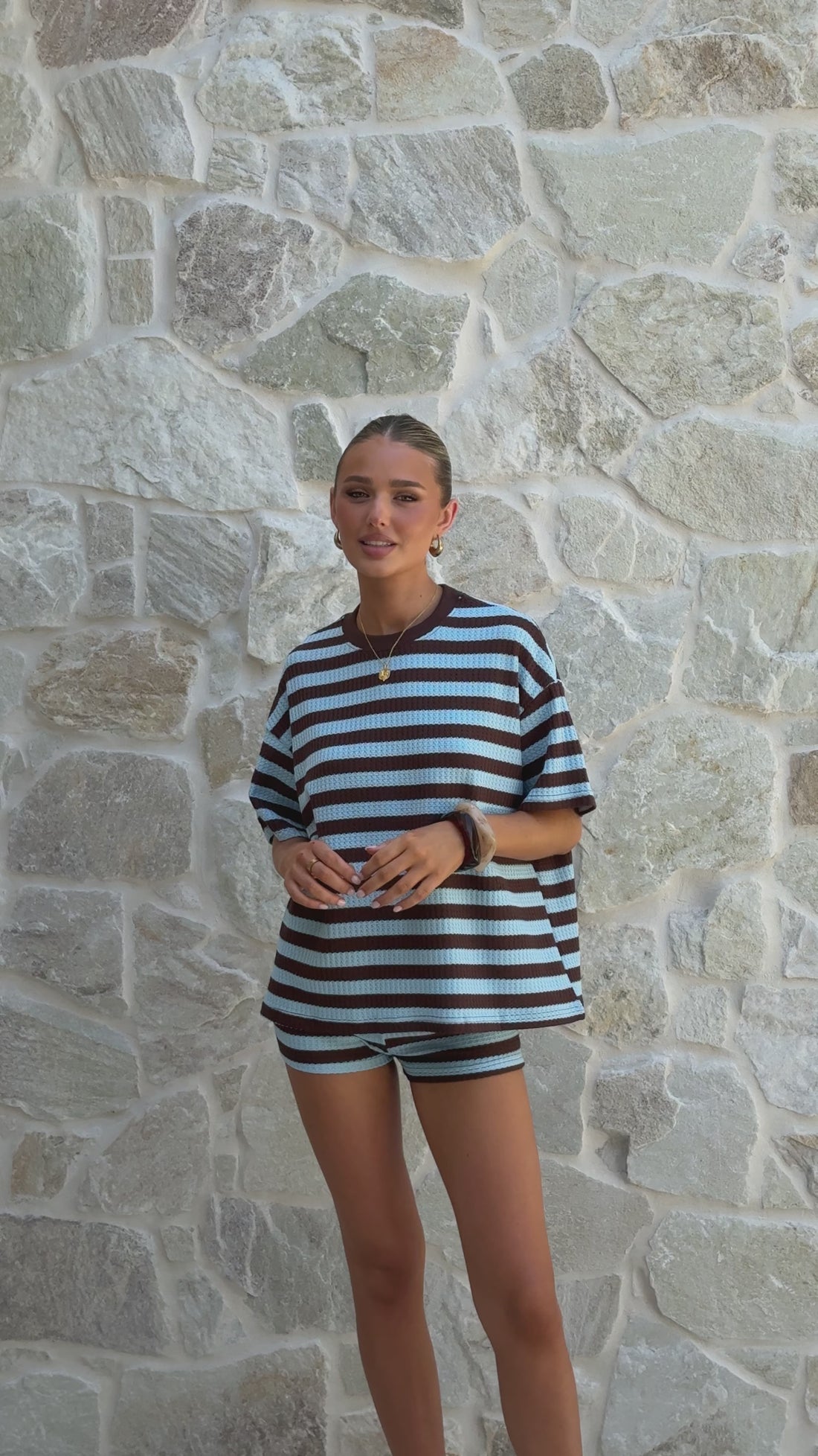 Makenna T-Shirt and Shorts Set - Chocolate/Blue Stripe - Billy J