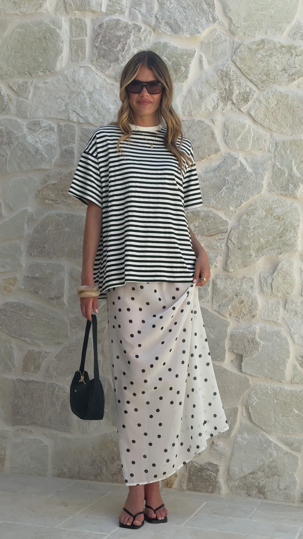 Elisha T-Shirt and Sheer Maxi Skirt Set - Black / White Stripe and Polka Dot - Billy J