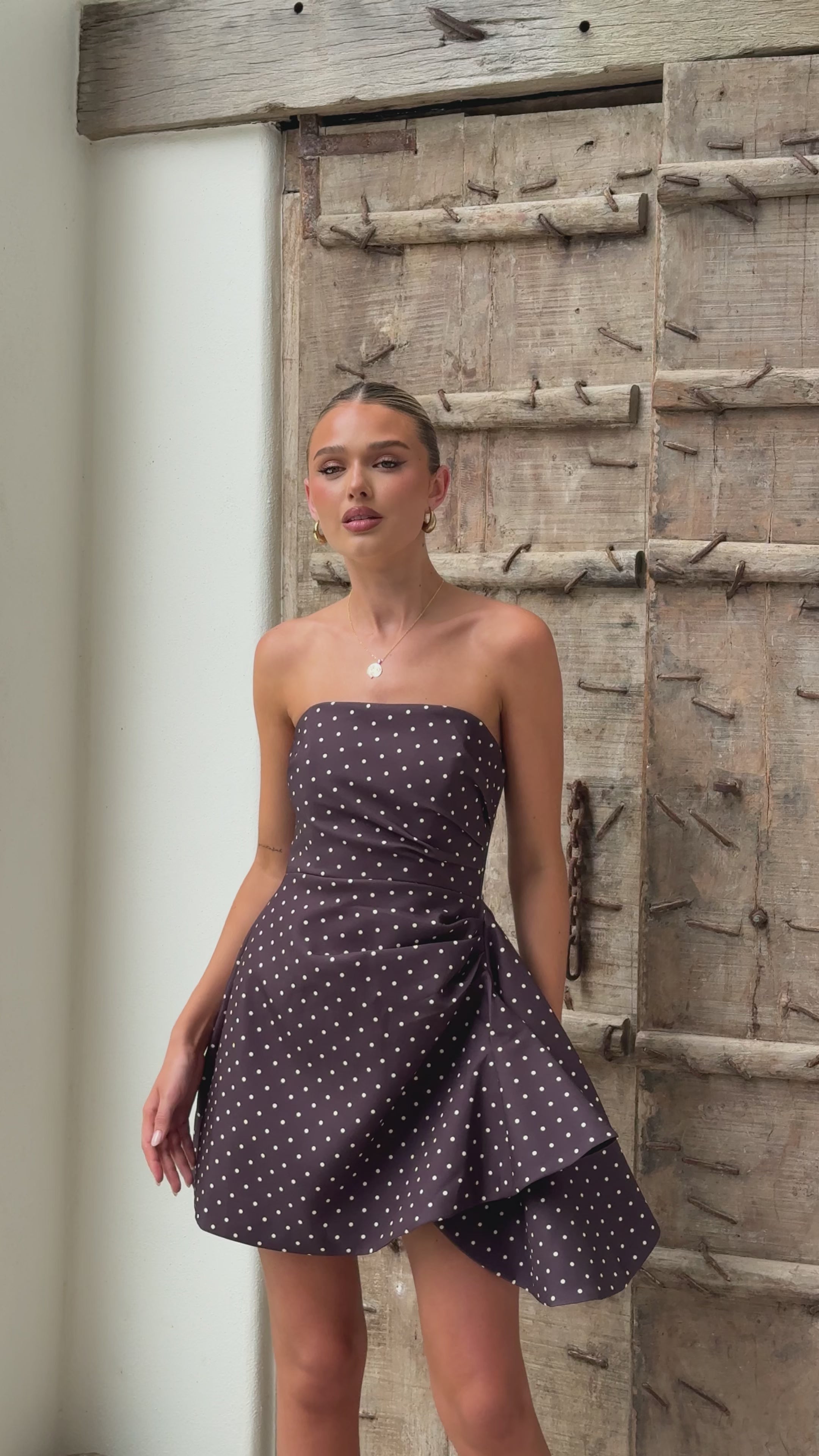 Load video: Hanae Mini Dress - Brown Polka - Billy J