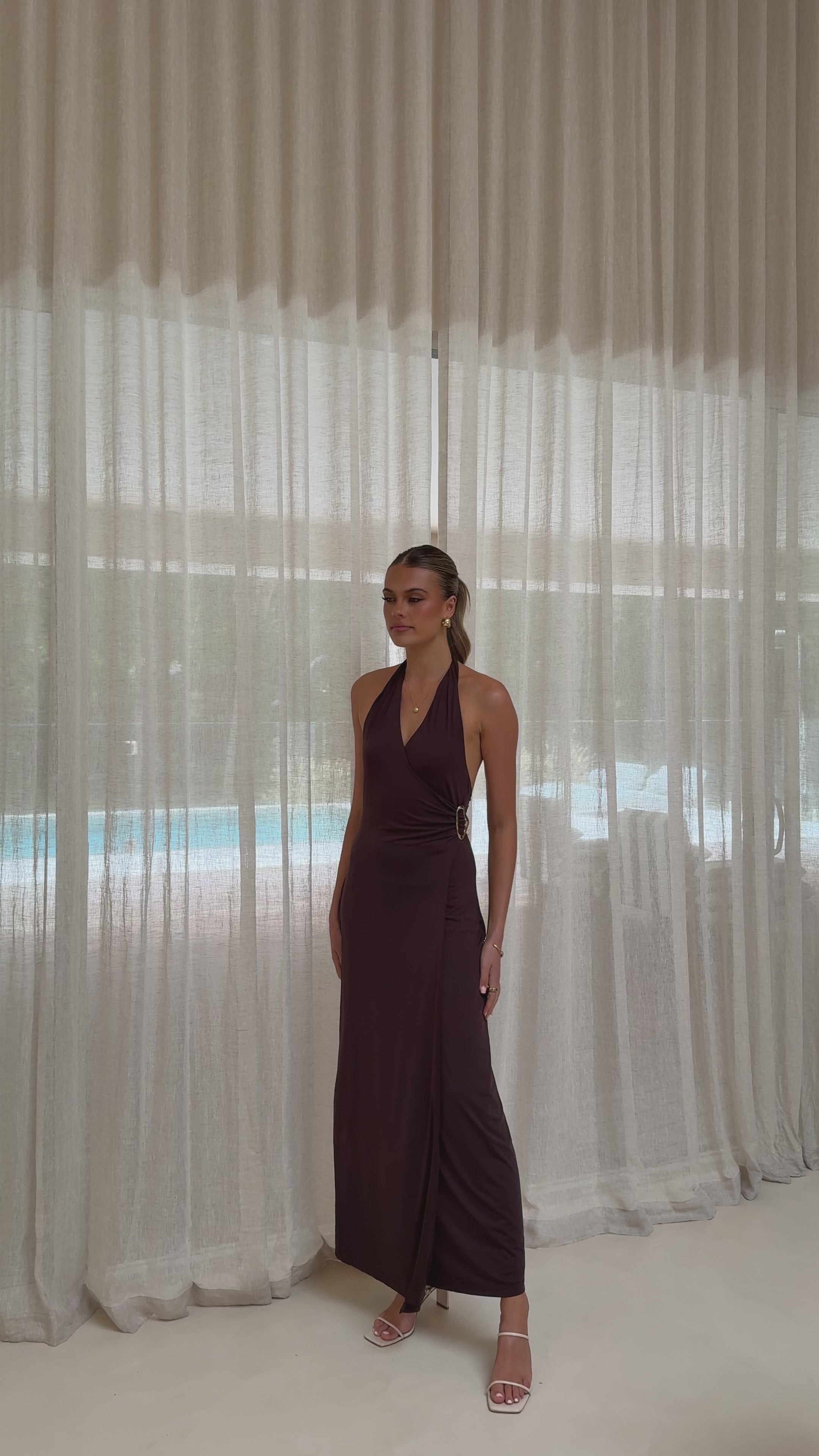 Load video: Verje Halter Maxi Dress - Brown - Billy J