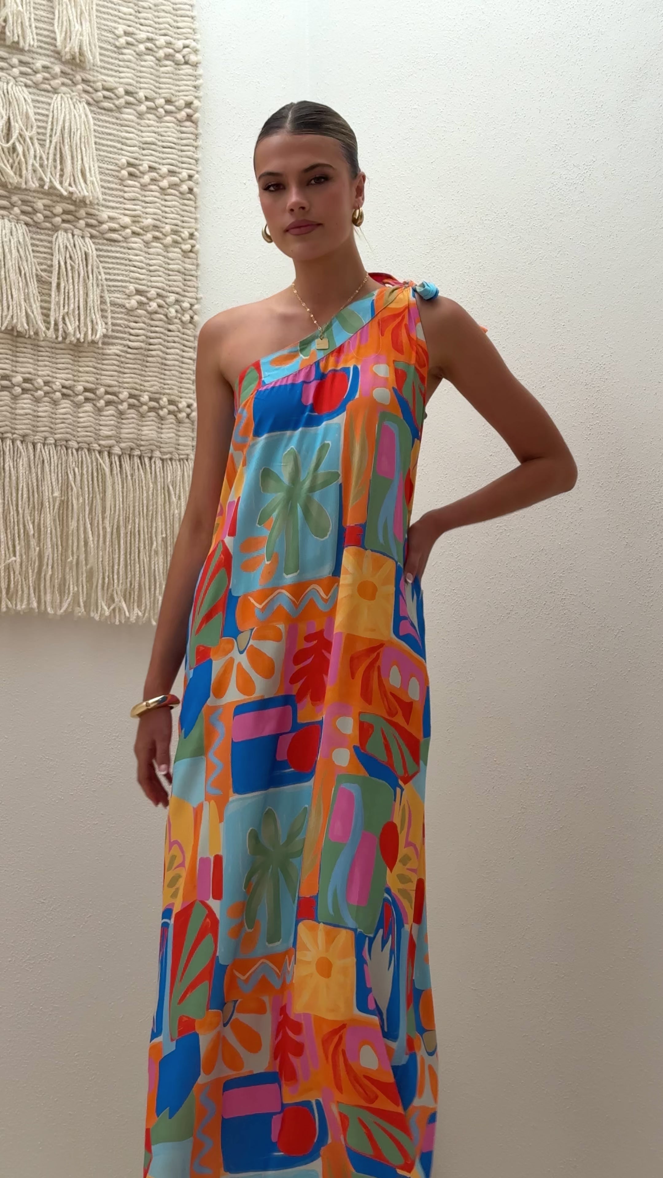 Load video: Paxton One Shoulder Maxi Dress - Tropical Abstract - Billy J