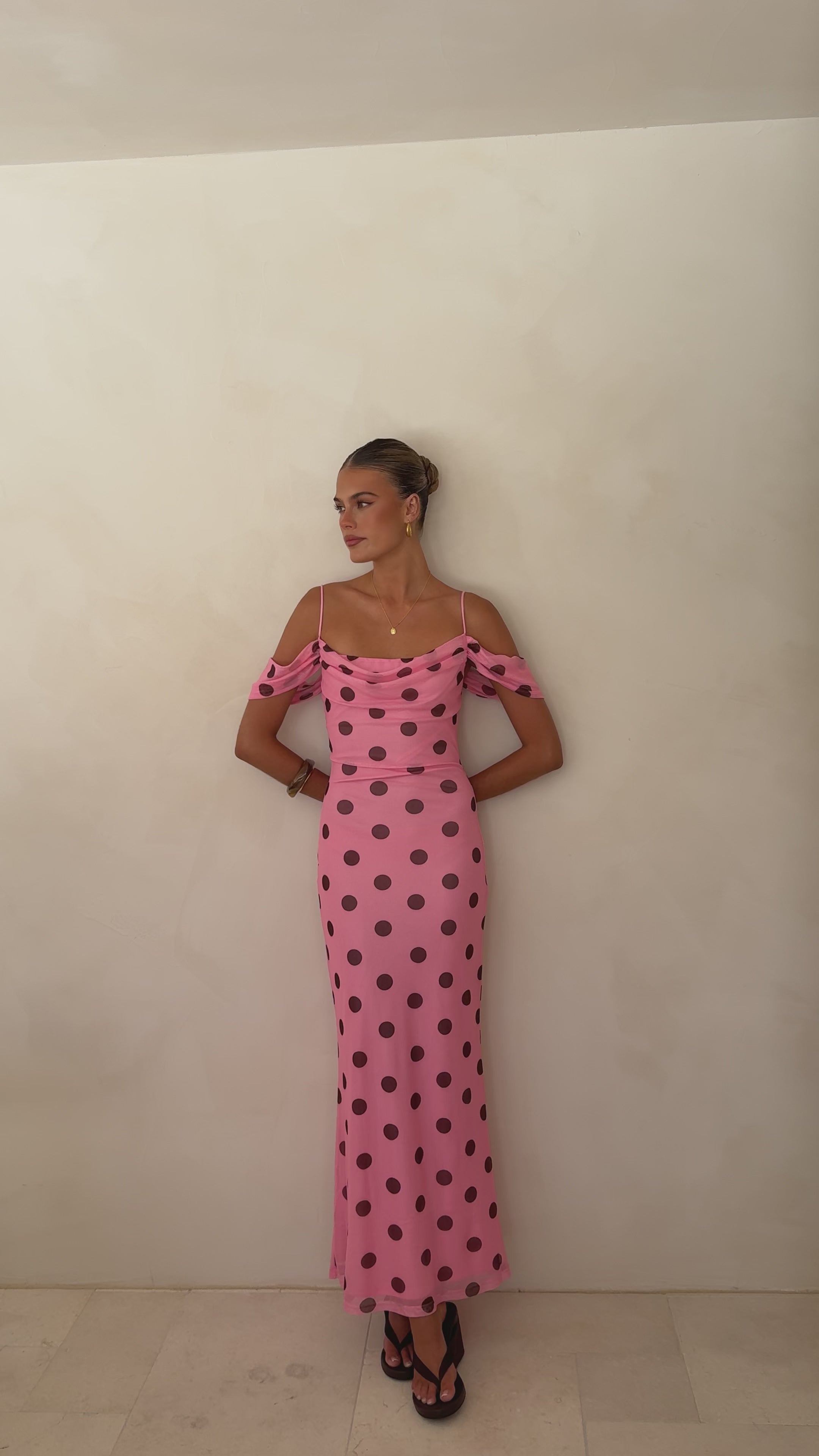 Load video: Mairi Maxi Dress - Pink / Brown Polka - Billy J