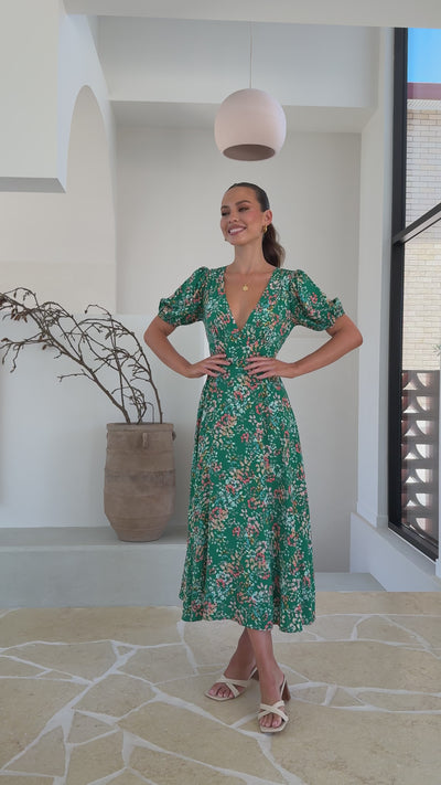 Load and play video in Gallery viewer, Itzel Midi Dress - Green Floral - Billy J
