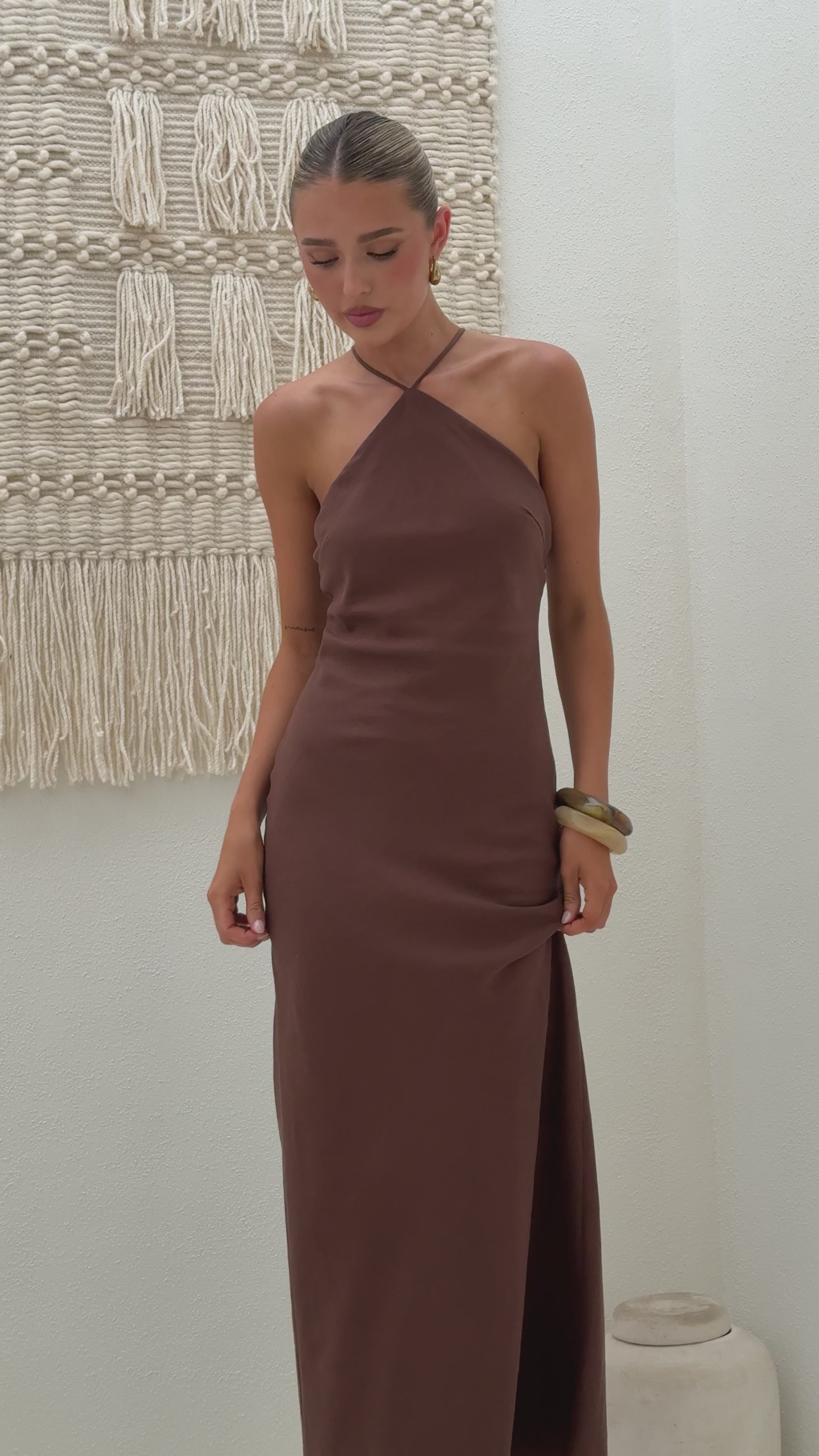 Load video: Chiara Linen Maxi Dress - Chocolate - Billy J
