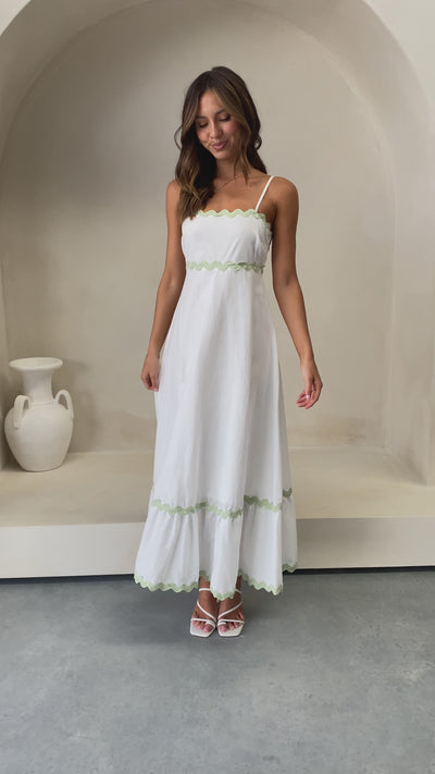 Load and play video in Gallery viewer, Brodey Midi Dress - White / Sage - Billy J
