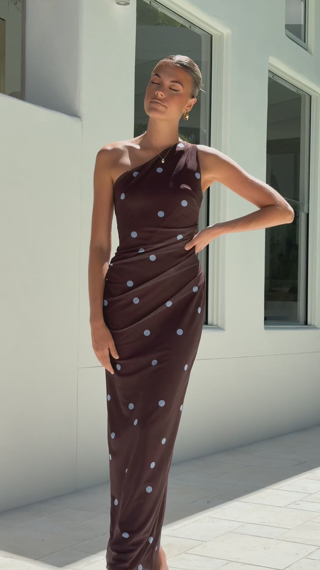 Load video: Cataleya Maxi Dress - Brown/Blue Polka Dot