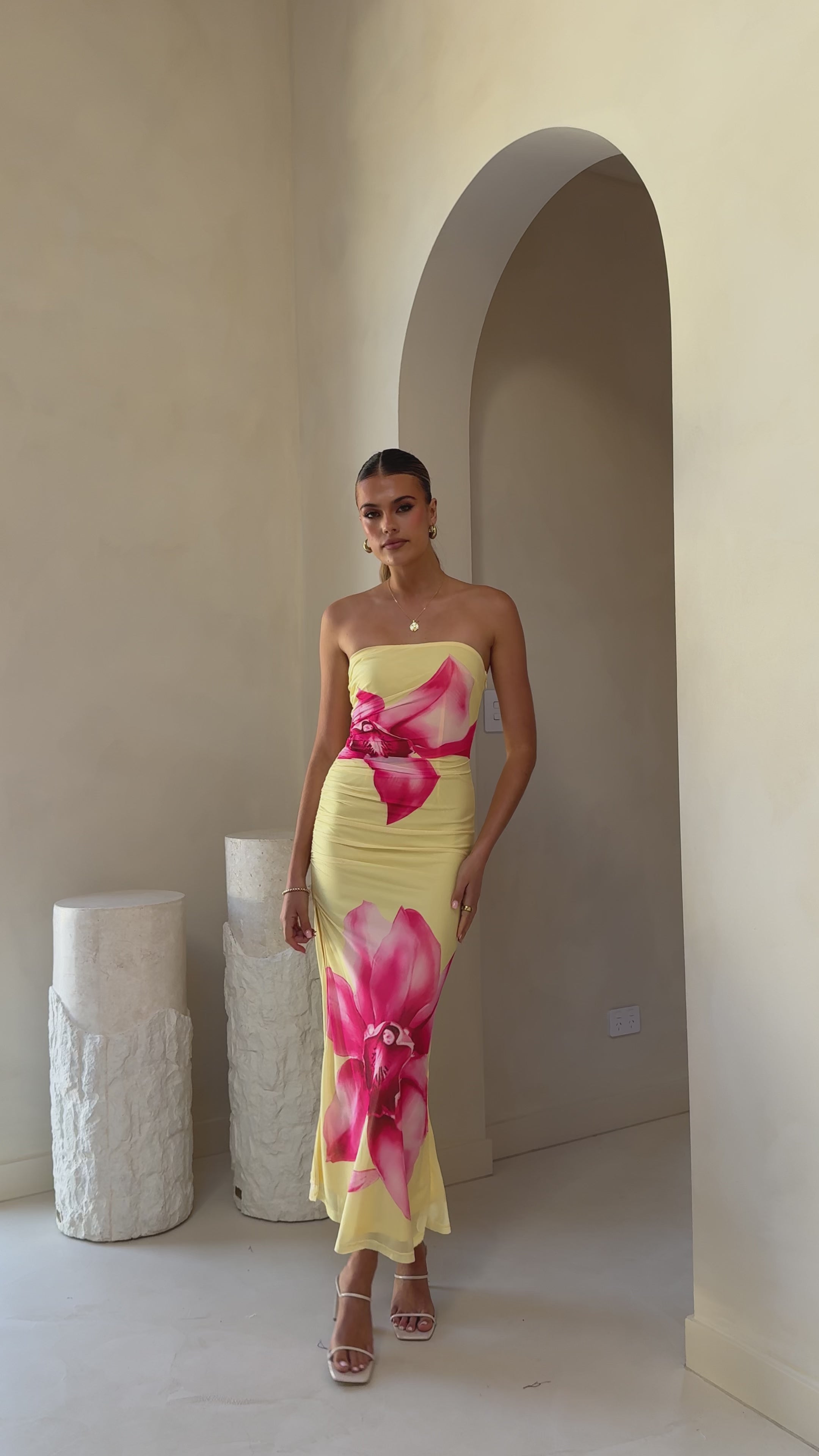 Load video: Brittani Strapless Maxi Dress - Yellow/Pink - Billy J