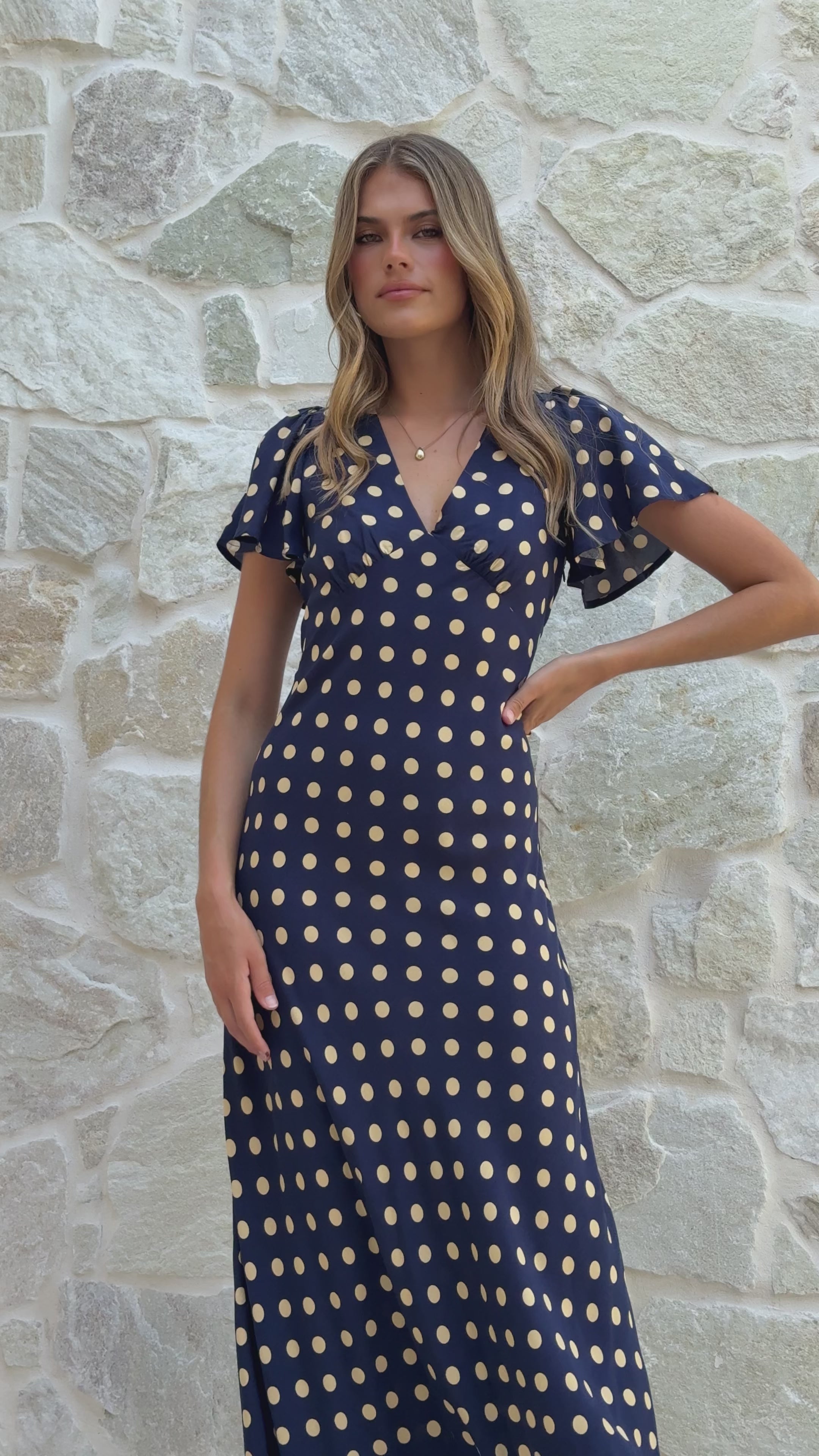 Load video: Georgianna Flutter Sleeve Maxi Dress - Navy/Cream Spot - Billy J