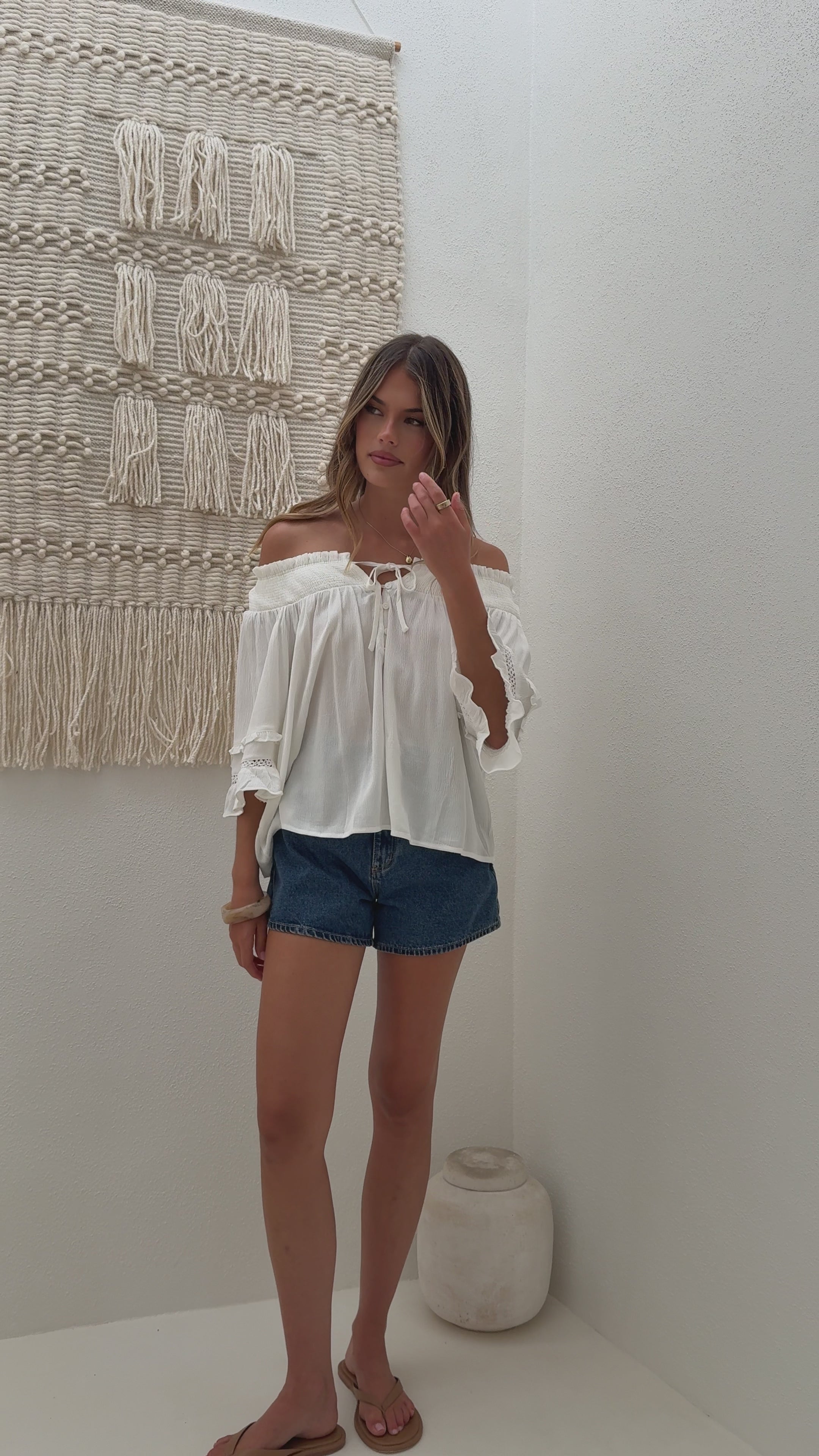 Load video: Carolina Off Shoulder Top - White - Billy J