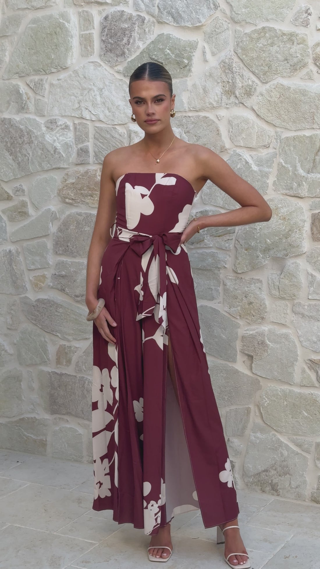 Carson Front Spilt Strapless Jumpsuit - Merlot Floral - Billy J