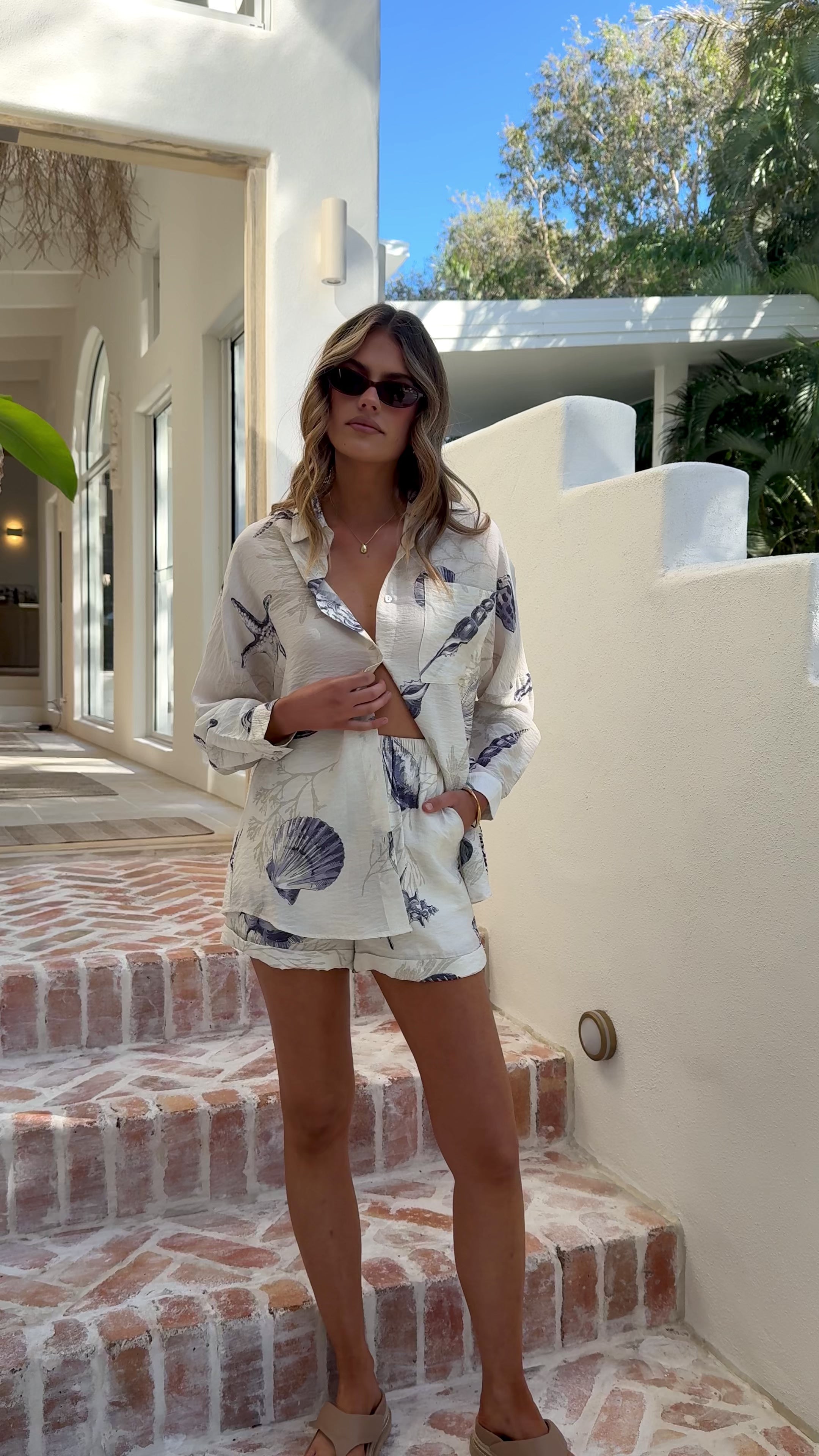 Load video: Candelaria Button Up Shirt and Shorts Set - Shell Print - Billy J