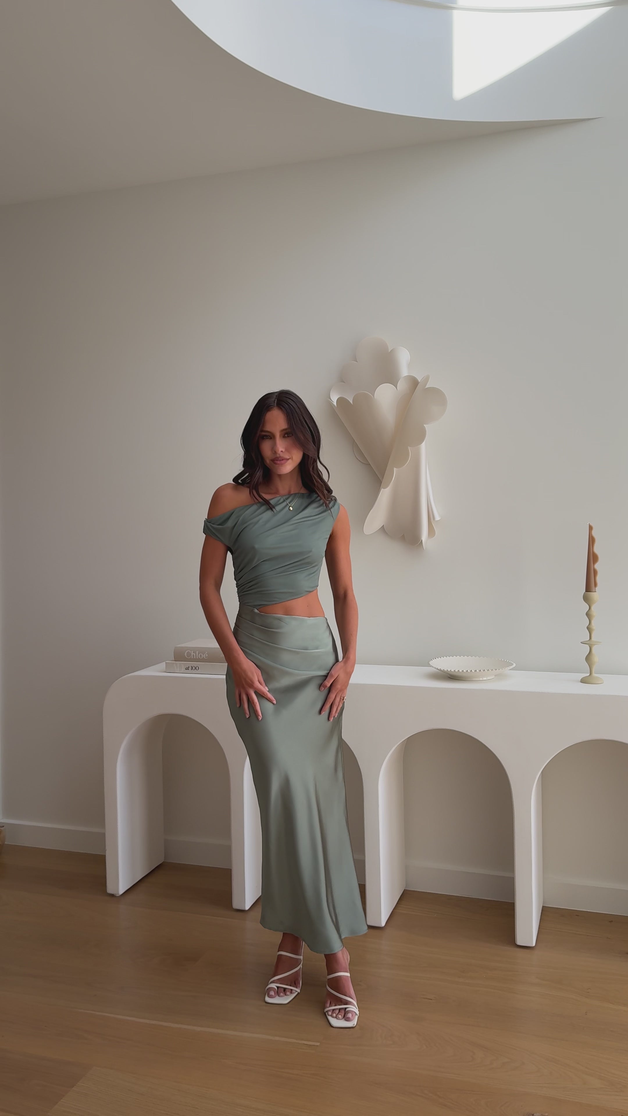 Load video: Ruby Asymmetrical Maxi Dress - Sage - Billy J