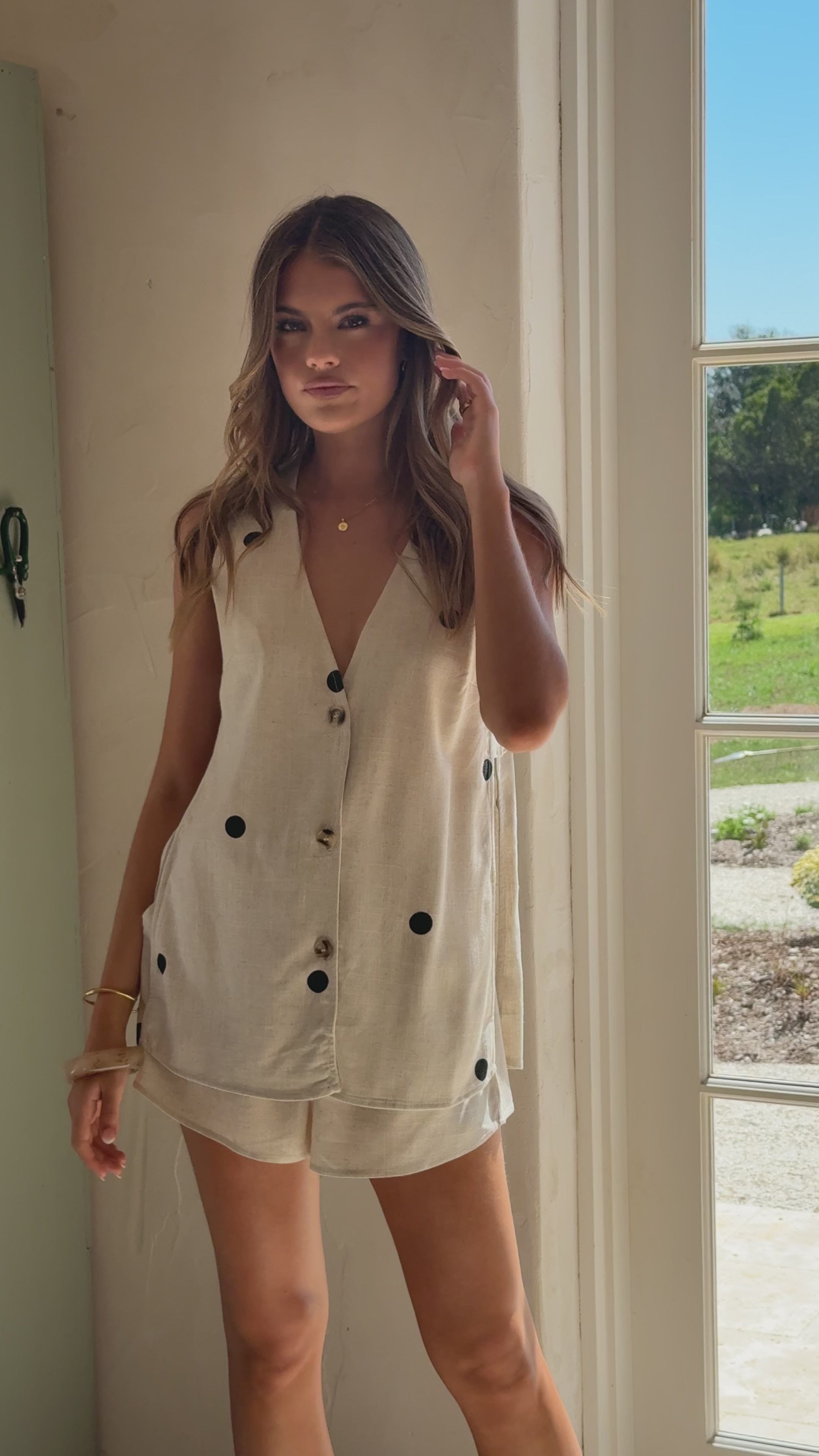 Load video: Hayley Vest and Shorts Set - Oatmeal / Black Polka Dot - Billy J