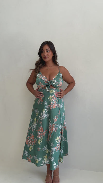 Load and play video in Gallery viewer, Dreamers Midi Dress - Green Floral - Billy J
