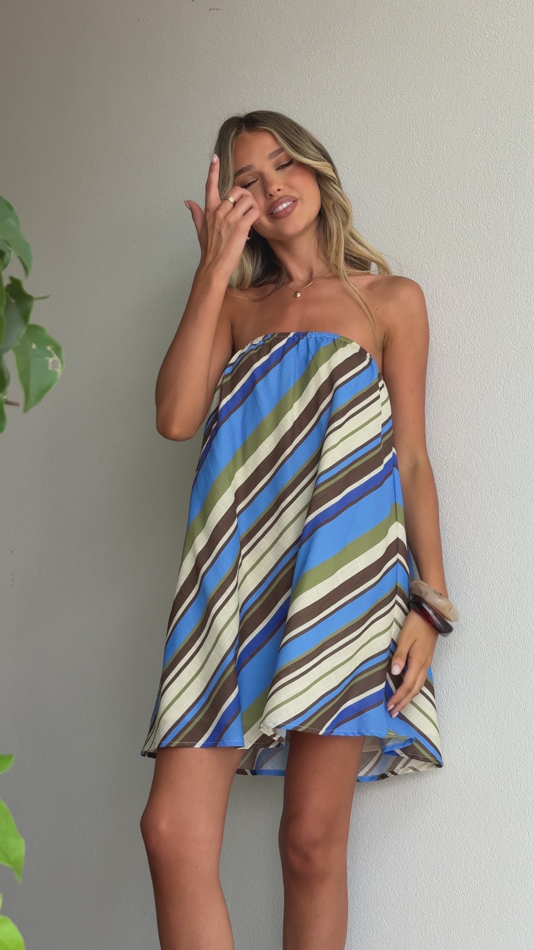 Load video: Karina Strapless Mini Dress - Blue/Khaki Stripe - Billy J