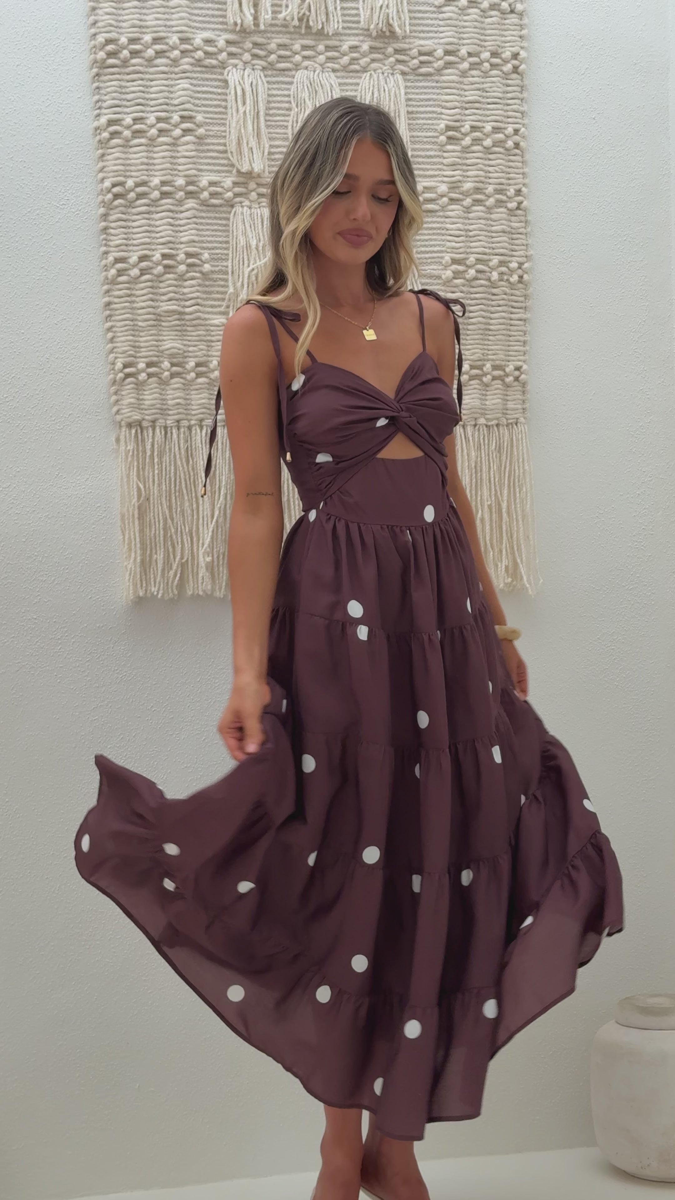 Load video: Kiana Midi Dress - Chocolate Polka - Billy J